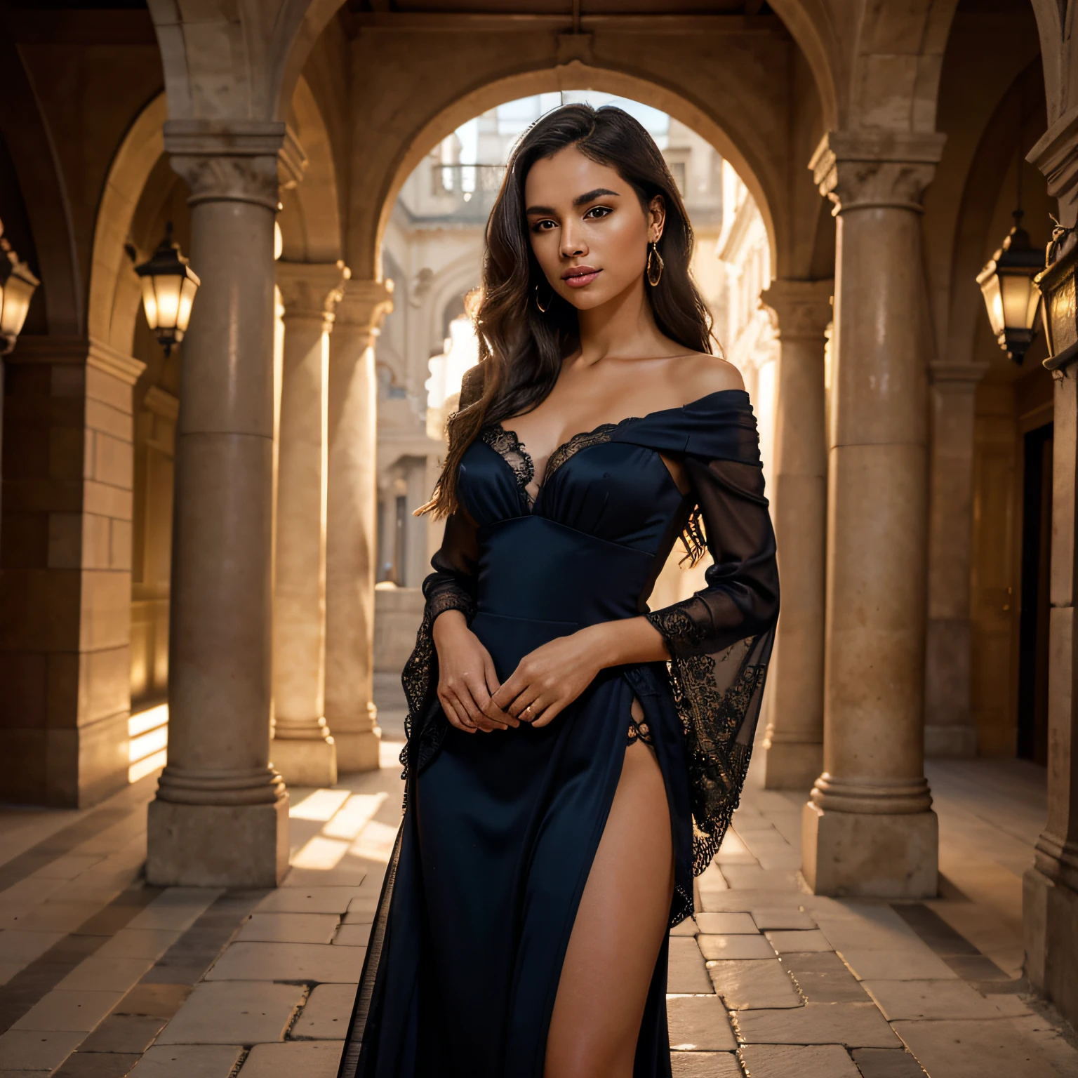 Generate a high-resolution, realistic image of Valencia Devine, the acclaimed model, standing in an opulent Parisian courtyard during golden hour. She should be wearing a form-fitting, elegant midnight blue evening gown that cascades to the floor, accentuating her statuesque figure. The gown should have intricate lace detailing on the bodice and sleeves, with a subtle, tasteful train that billows behind her. Valencia's dark, wavy hair should fall gracefully over one shoulder, catching the warm glow of the sunset. Her expressive hazel eyes should exude confidence and allure, framed by subtle smoky eye makeup and long, voluminous lashes. A pair of statement diamond earrings should catch the light, adding a touch of glamour. Valencia should be captured in a moment of poise, with one hand resting gracefully on an ornate, antique fountain beside her, and the other subtly adjusting a strand of her hair. The background should feature soft, ambient lighting, casting a warm glow on the historic stone walls of the courtyard. The overall atmosphere should convey a blend of sophistication, allure, and timeless beauty.