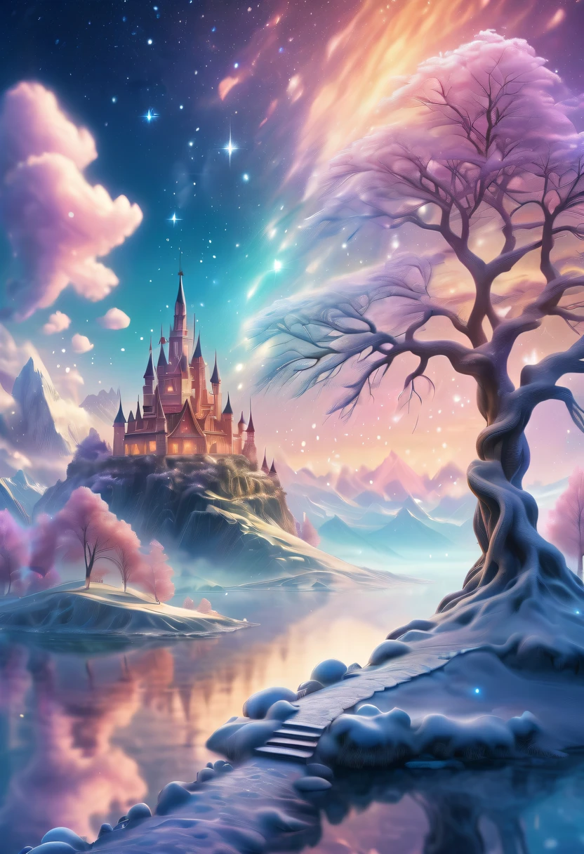 Dreamy Cloud and Mist Fairy Island,winter landscape,Snow country shines brightly,like a dream,Surreal wonderland,Overlapping clouds and fog,Colorful snowflakes are flying,The tree of life blooms with endless vitality,Twinkling stars in the night sky