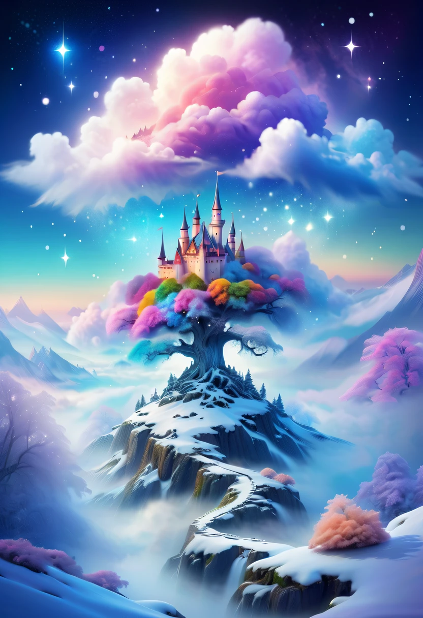 Dreamy Cloud and Mist Fairy Island,winter landscape,Snow country shines brightly,like a dream,Surreal wonderland,Overlapping clouds and fog,Colorful snowflakes are flying,The tree of life blooms with endless vitality,Twinkling stars in the night sky