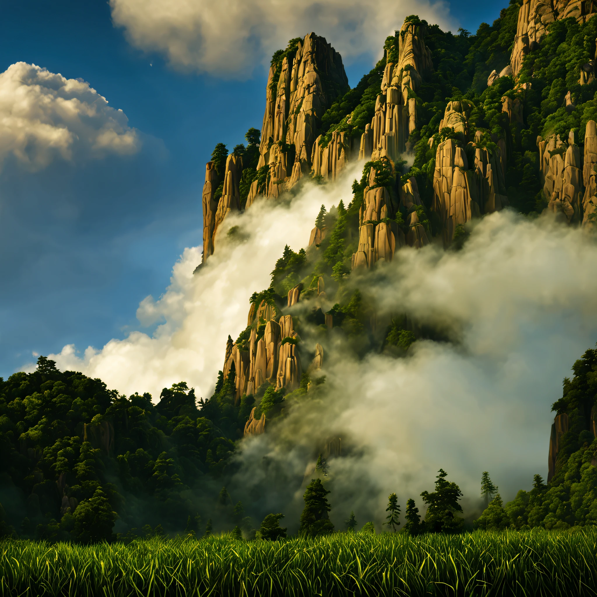 create a cinematic matte painting of a forest landscape with many tall green trees, with giant rocky mountains in a science fiction movie setting with ancient stone temples embedded in high rocks, the scene takes place in a clearing in the center of a dense and wide forest of trees and giant plants,in the sky of this illustration, um astronauta masculino com uniforme branco caminha em uma estrada de pedras perto em frente e uma escadaria gigante de um templo, Close detalhado e realista do astronauta, detalhamento da roupa branca espacial do astronauta, add a field full of red flower buds on the green grass ground next to a path next to the green grass towards the large forest and situated in the background of the scene against the background of a blue sky with white 3D clouds, ultra realism in the matte painting cinematography of the illustration based on the matte painting art of artist Albert Whitlock
