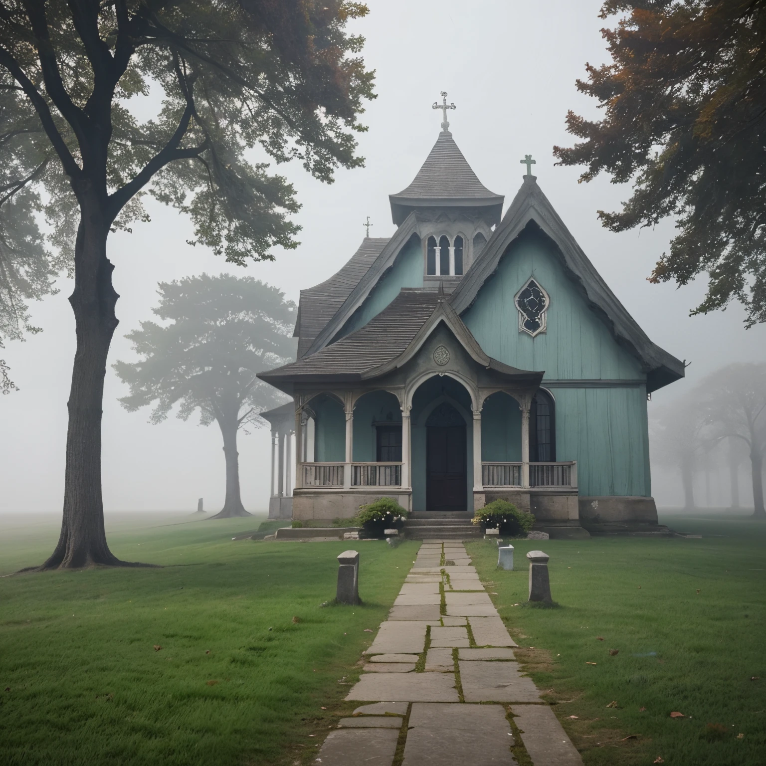 Amidst the ethereal fog, a capela se ergue como uma miragem na paisagem enevoada. Its gothic contours gently emerge from the shadows, giving the structure an almost ethereal appearance. The slender towers pierce the misty veil, reaching for the sky like silent sentinels of an enigmatic past.
The path to the chapel, flanked by ancient tombstones and covered in a gentle mist, parece conduzir a um reino entre o material e o espiritual. Every step forward is a plunge into uncertainty, because the fog hides details that only reveal themselves as you advance.
A luz difusa, filtrada pelo manto nebuloso, banha a capela em tons suaves e misteriosos. The colored windows, now diffused by the mist, throw a kaleidoscope of pale colors into the interior, where shadows dance like specters among the empty benches.
The stillness is interrupted only by the distant rustle of leaves and the gentle murmurs of the wind.. The Chapel in the Mist is a place where the sacred and the mysterious intertwine, inviting contemplation and reflection amidst the misty scenery that holds long-forgotten secrets.