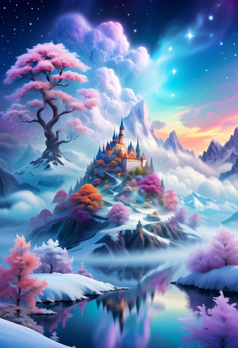 Dreamy Cloud and Mist Fairy Island,winter landscape,Snow country shines brightly,like a dream,Surreal wonderland,Overlapping clouds and fog,Colorful snowflakes are flying,The tree of life blooms with endless vitality,Twinkling stars in the night sky