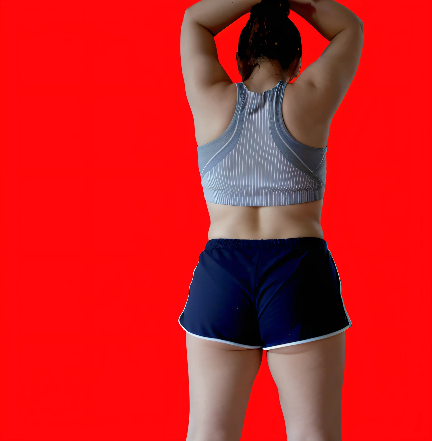 there is a woman in a sports bra and shorts holding a frisbee, back pose, costas arqueadas, sport bra and dark blue shorts, waist reaching ponytail, sport bra and shorts, tiro pelas costas, no fundo vermelho, ombros curvados, em um fundo vermelho, tiro longo das costas, mostrando o ombro de costas, seen from back