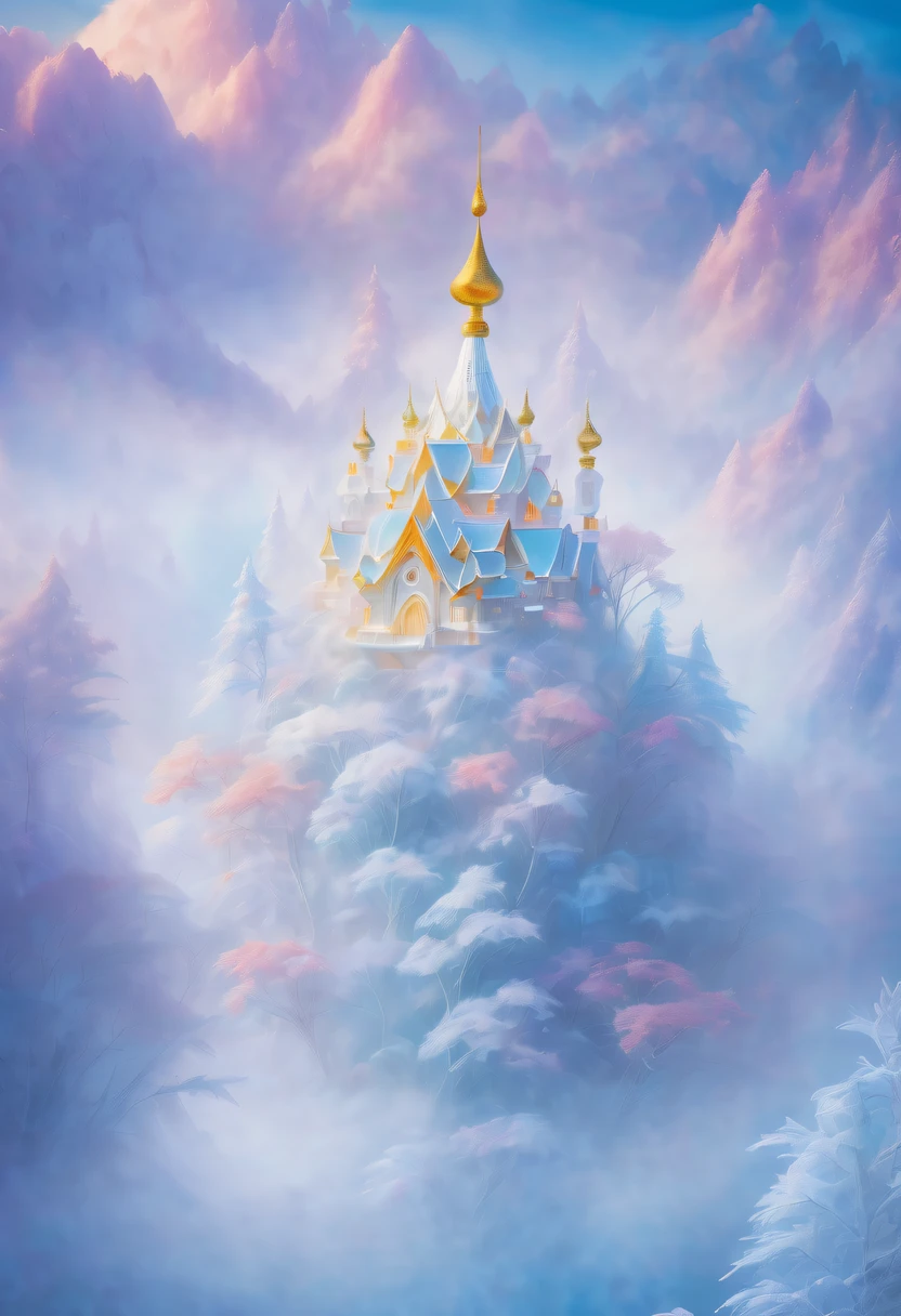 Dreamy Cloud and Mist Fairy Island,winter landscape,Divine light illuminates the snow-white temple,like a dream,Surreal wonderland,Overlapping clouds and fog,Colorful snowflakes are flying,The tree of life blooms with endless vitality