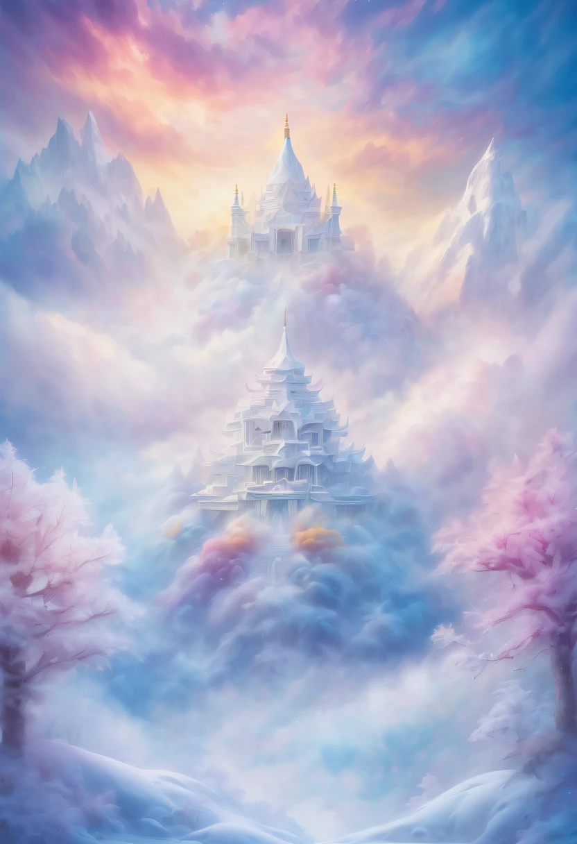 Dreamy Cloud and Mist Fairy Island，winter landscape，Divine light illuminates the snow-white temple，like a dream，Surreal wonderland，Overlapping clouds and fog，Colorful snowflakes are flying，The tree of life blooms with endless vitality