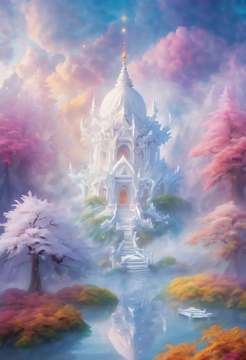 Dreamy Cloud and Mist Fairy Island,winter landscape,Divine light illuminates the snow-white temple,like a dream,Surreal wonderland,Overlapping clouds and fog,Colorful snowflakes are flying,The tree of life blooms with endless vitality