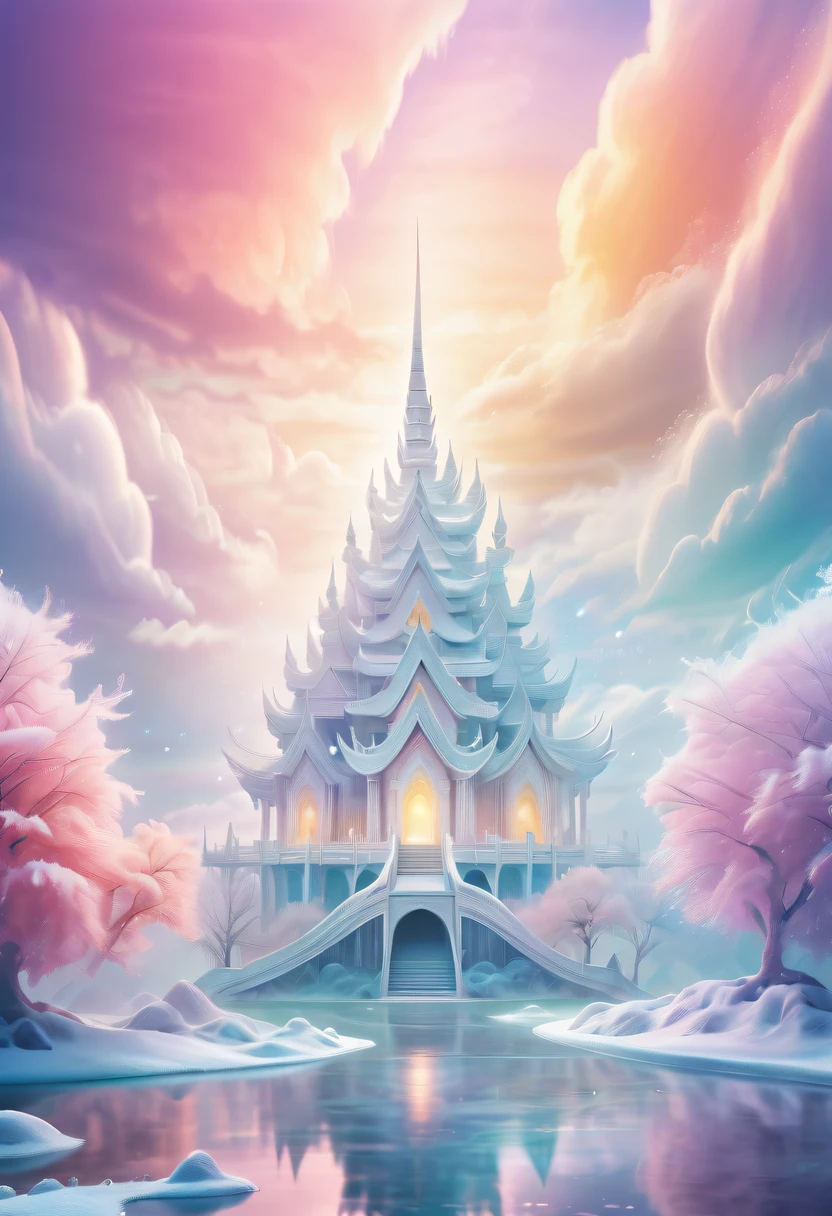 Dreamy Cloud and Mist Fairy Island,winter landscape,Divine light illuminates the snow-white temple,like a dream,Surreal wonderland,Overlapping clouds and fog,Colorful snowflakes are flying,The tree of life blooms with endless vitality