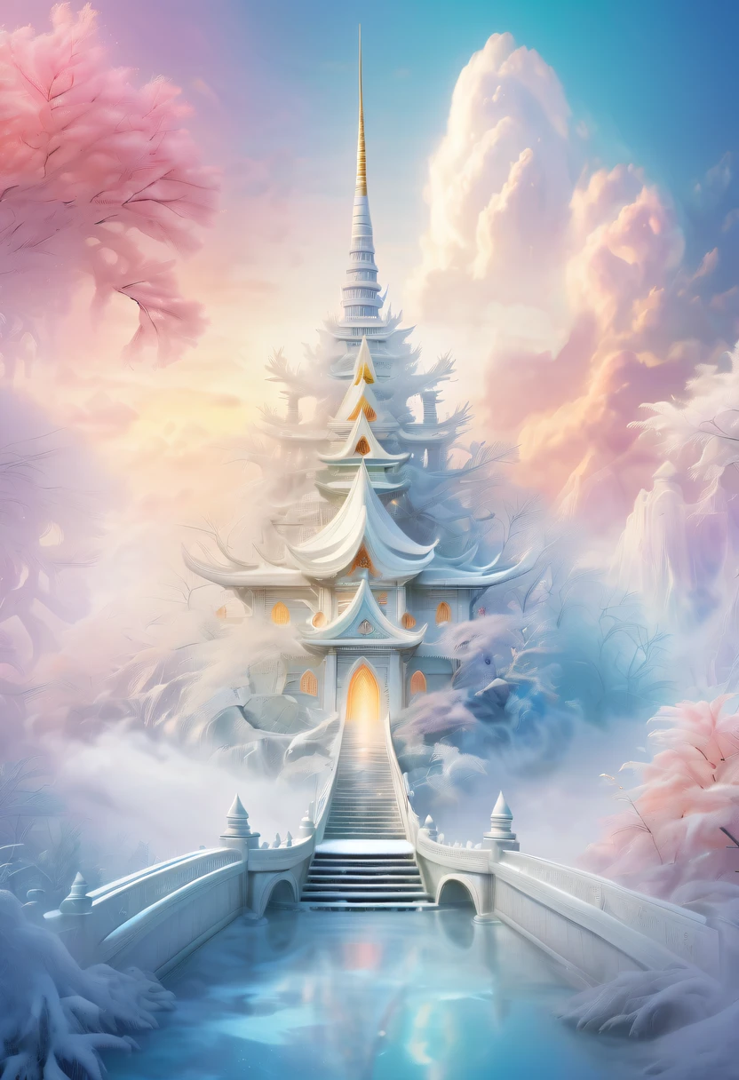 Dreamy Cloud and Mist Fairy Island,winter landscape,Divine light illuminates the snow-white temple,like a dream,Surreal wonderland,Overlapping clouds and fog,Colorful snowflakes are flying,The tree of life blooms with endless vitality