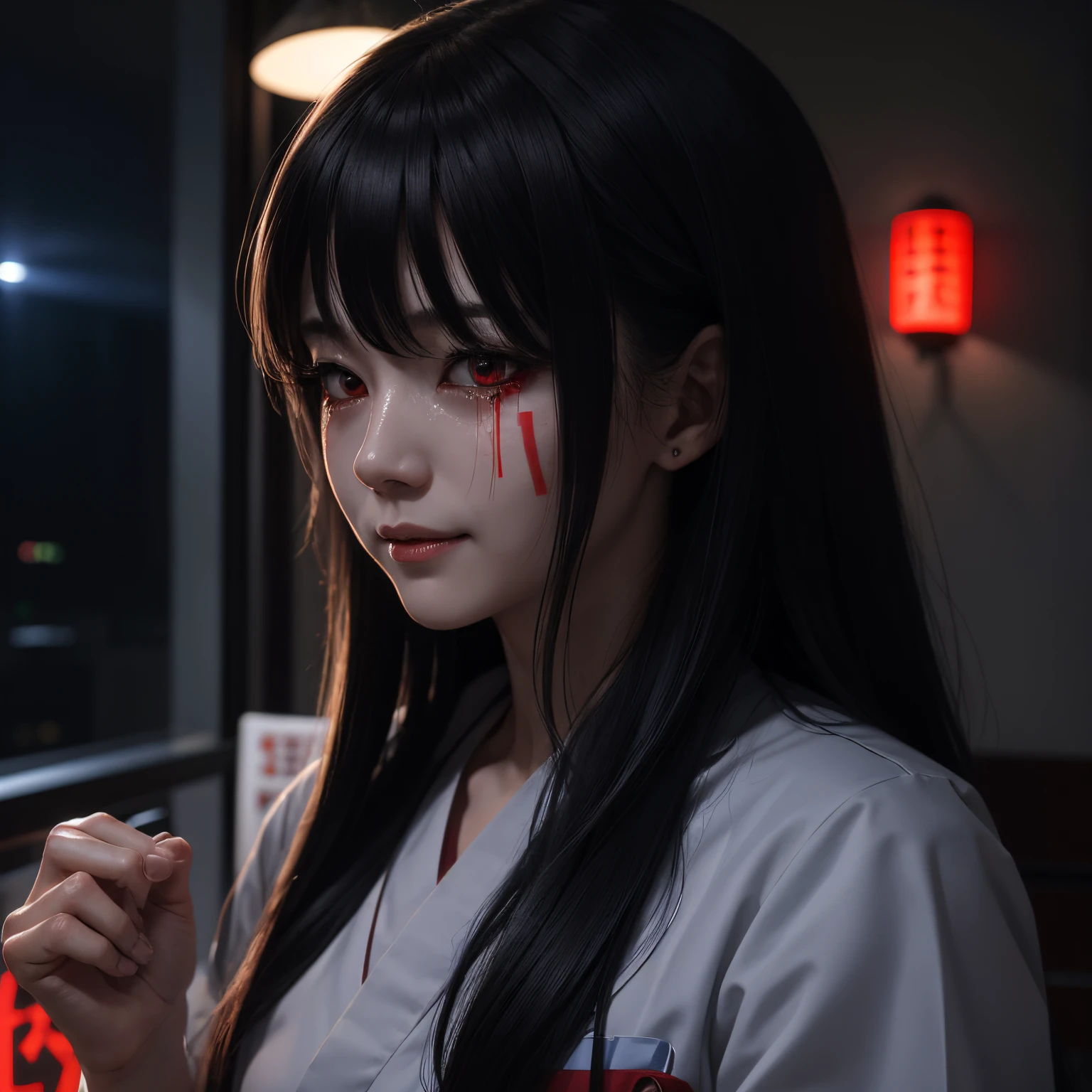 Female, Ghost, Japanese, Sad, Crying, Smile, Scary, Red Eyes, Long Hair, Neutral Breasts, Hospital, Nurse, Hospital, Sexy, 8k, Night, High Resolution, Raw, Paranormal