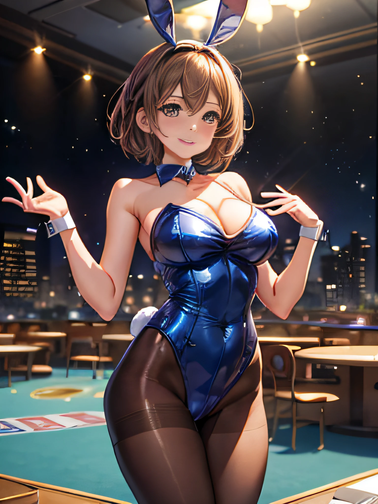 最高品質、Full limbs、Complete fingers、one beautiful woman、beautiful big breasts、Short Hair Hair、Bob、Divided into 73、brunette hair、Women wearing bunny girl cosplay、Blue bunny girl leotard、Blue Rabbit Girl Katyusha、((Brown stockings))、smile、navigation gestures、casino、Playing Cards、Pucky.