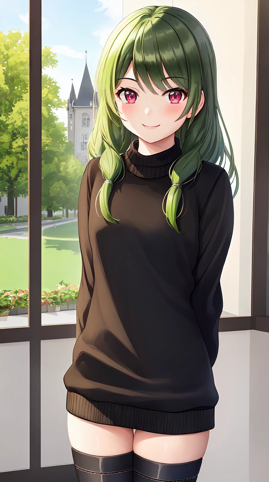 Meisterwerk, Atemberaubend realistisch, fotorealistisch, best quality, Sharpness,1 girl ,arms behind back,stehend in einem modernen Wohnzimmer,cute smile, green hair,Red eyes,Lange Haare,sweater,skinny jeans