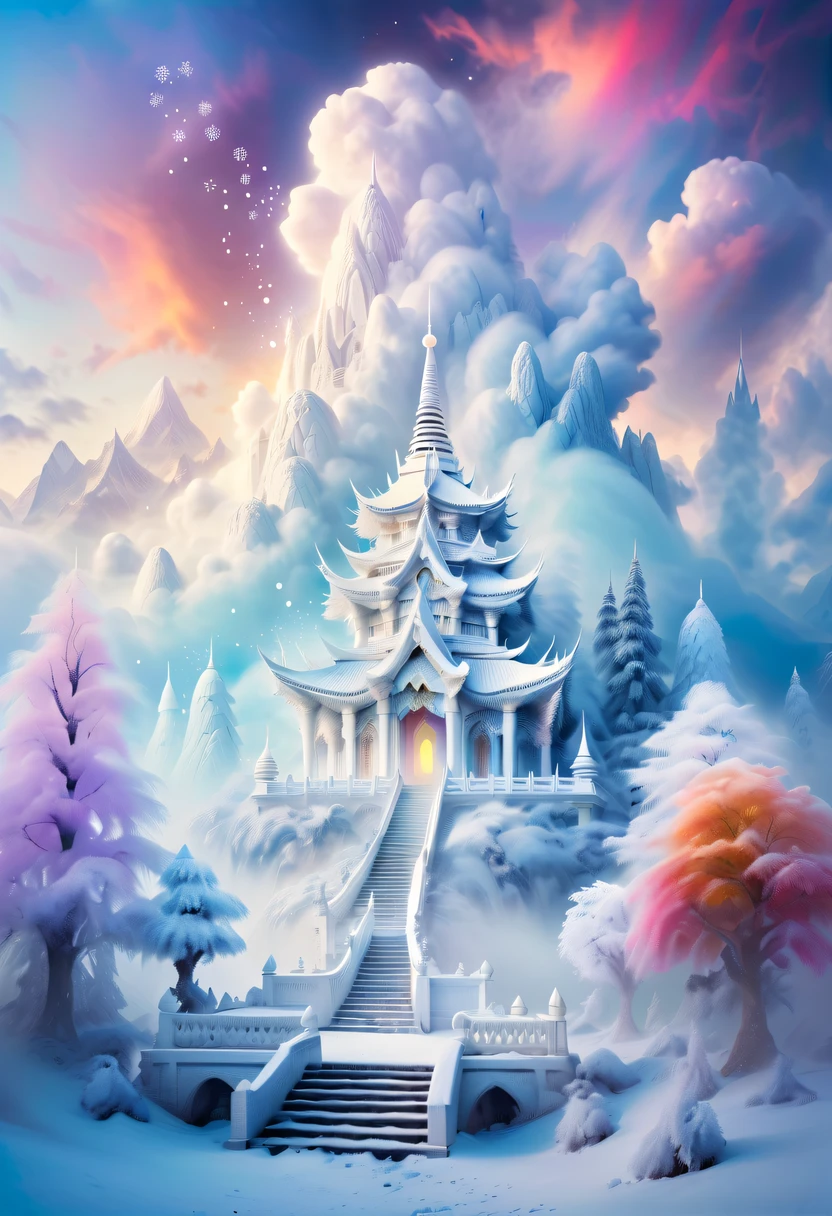 Dreamy Cloud and Mist Wonderland，winter landscape，Divine light illuminates the snow-white temple，like a dream，Surreal wonderland，Overlapping clouds and fog，Colorful snowflakes are flying，The tree of life blooms with endless vitality