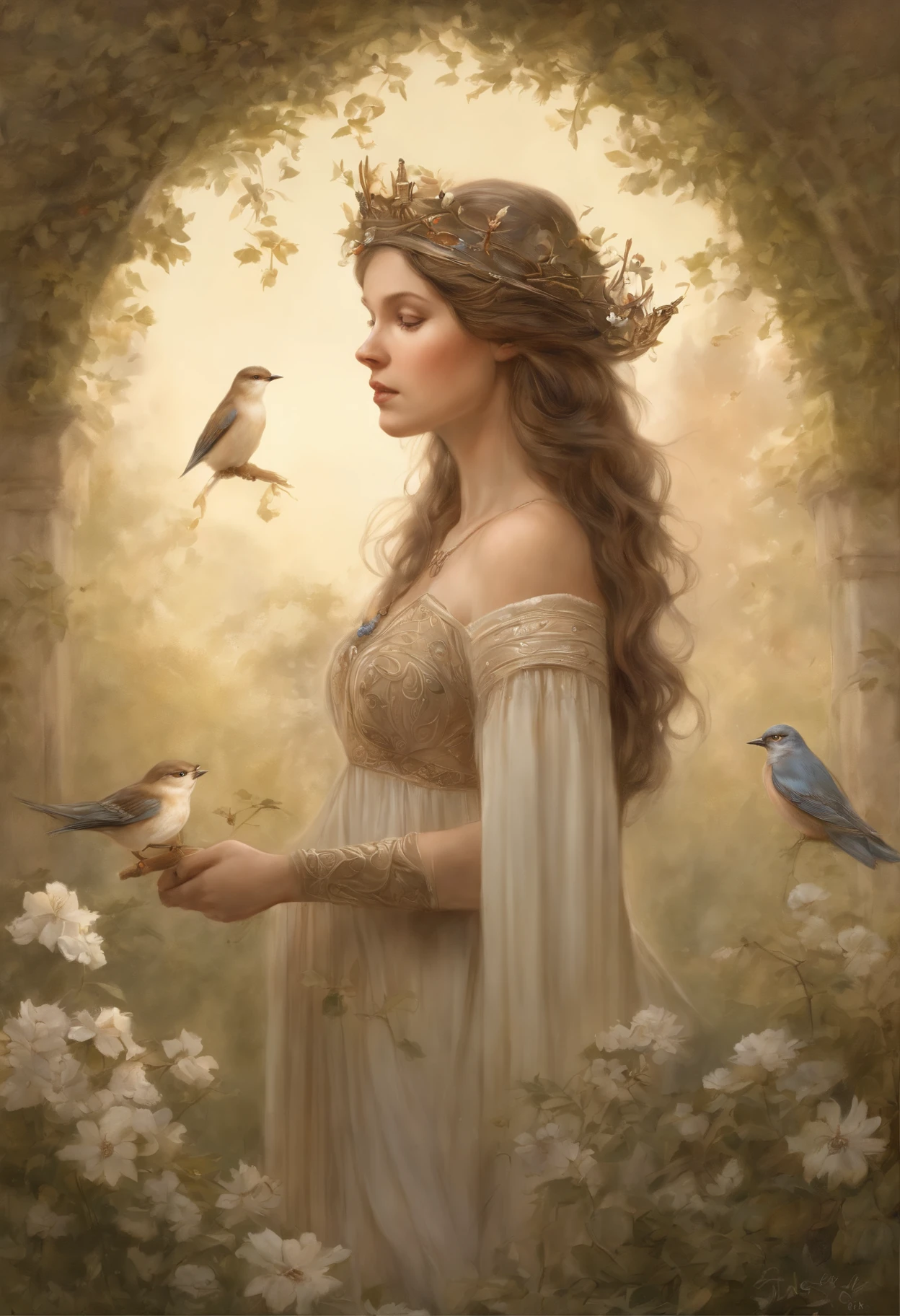 真实感, a painting, Fantastic tale, Christmas style, John Tolkien style, Small painting by Jean-Baptiste Monge, A girl (anatomically correct physique) , Arafed image of a blue-eyed light brown haired girl with a crown and flowers, loose, slightly wavy light brown hair, birds field swallows (anatomically correct physique) on the shoulders, beautiful fantasy art portrait, beautiful fantasy portrait, fantasy art portrait, Detailed matte fantasy portrait, fantasy portrait art, fantasy portrait, fantasy concept art portrait, beautiful fantasy maiden, portrait of an elf queen, beautiful fantasy art, beautiful character painting, ((The Empress's Beautiful Imagination, Beautiful maiden with birds, Swallows (anatomically correct physique) , a beautiful fantasy empress, Jean-Baptiste Monge, anthropomorphic --ar 2:3 --testp -optimistic; straight hair