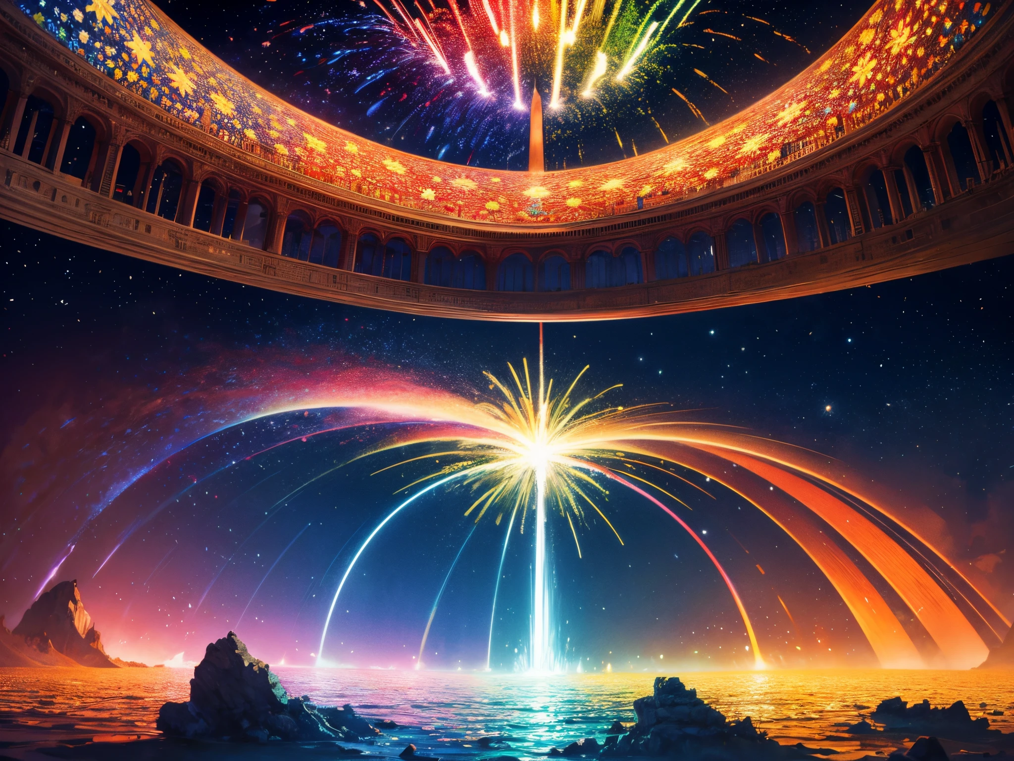 Craft a scene where landscapes are adorned in patriotic colors, and fractal patterns create a mesmerizing backdrop, symbolizing the unity of the nation on Independence Day.