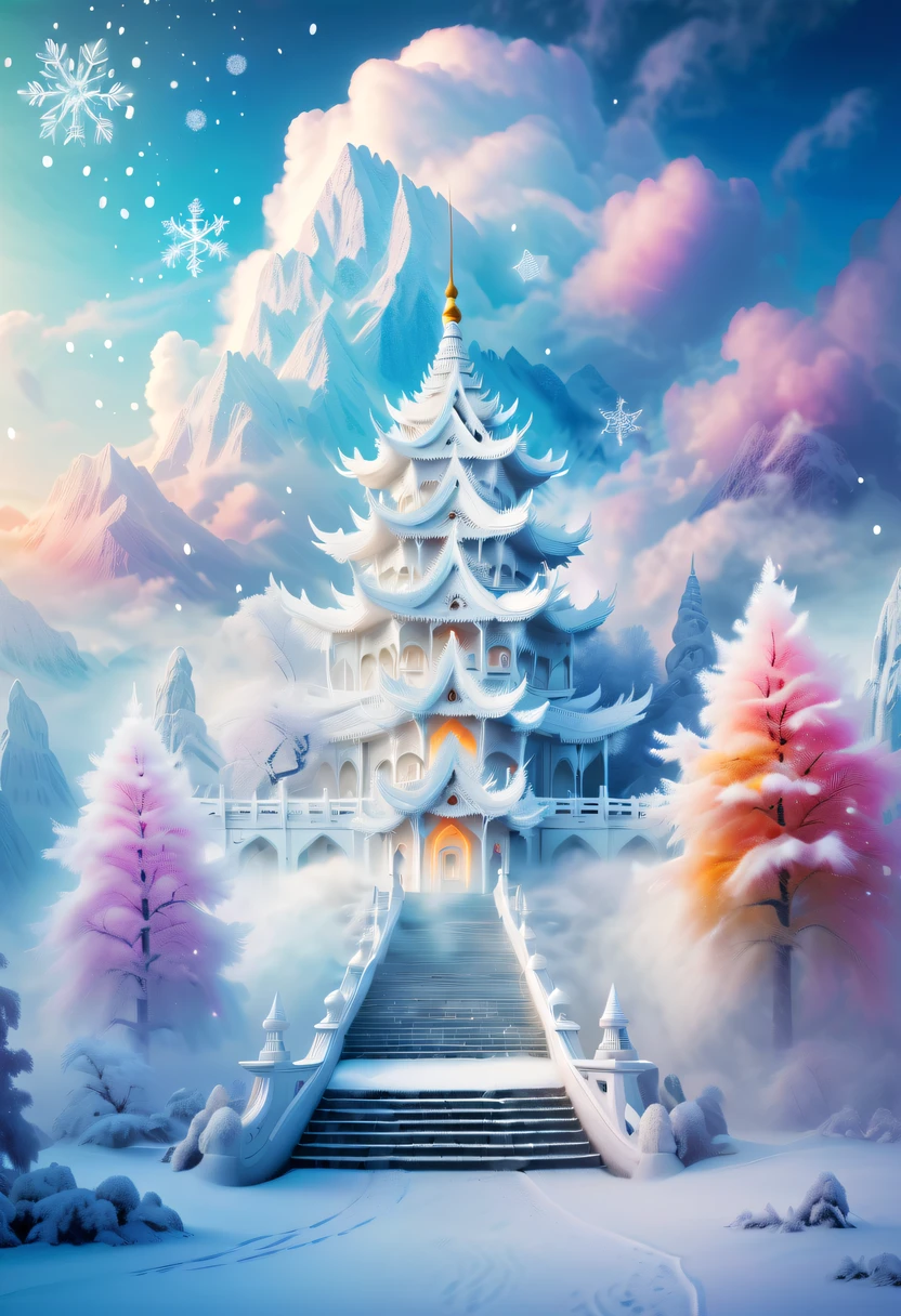 Dreamy Cloud and Mist Wonderland,winter landscape,Divine light illuminates the snow-white temple,like a dream,Surreal wonderland,Overlapping clouds and fog,Colorful snowflakes are flying,The tree of life blooms with endless vitality