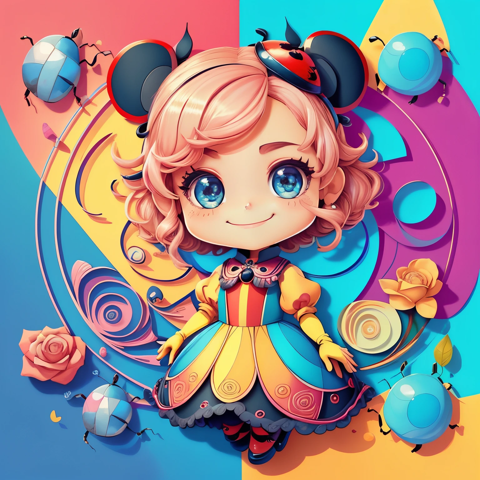 ((cute ladybug smiling in a beautiful garden)) - Criador: Walt Disney2023) ), ,, ( Walt Disney acolchoamento ,multidimensional geometric wall PORTRAIT, arte, Chibi,
Yang08k, lindo, Colouring,Rose
Primary works, qualidade superior, melhor qualidade, Arte Oficial, Beautiful and Aesthetic,)) ), ,,  Walt Disney acolchoamento ,multidimensional geometric wall PORTRAIT, arte, Chibi,
Yang08k, lindo, (Colouring, rosa), amarelo ,azul ,vermelho e branco)
Primary works, qualidade superior, melhor qualidade, Arte Oficial, Beautiful and Aesthetic,