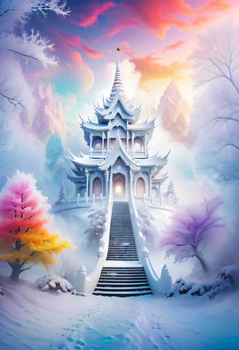 Dreamy Cloud and Mist Wonderland,winter landscape,Divine light illuminates the snow-white temple,like a dream,Surreal wonderland,Overlapping clouds and fog,Colorful snowflakes are flying,The tree of life blooms with endless vitality