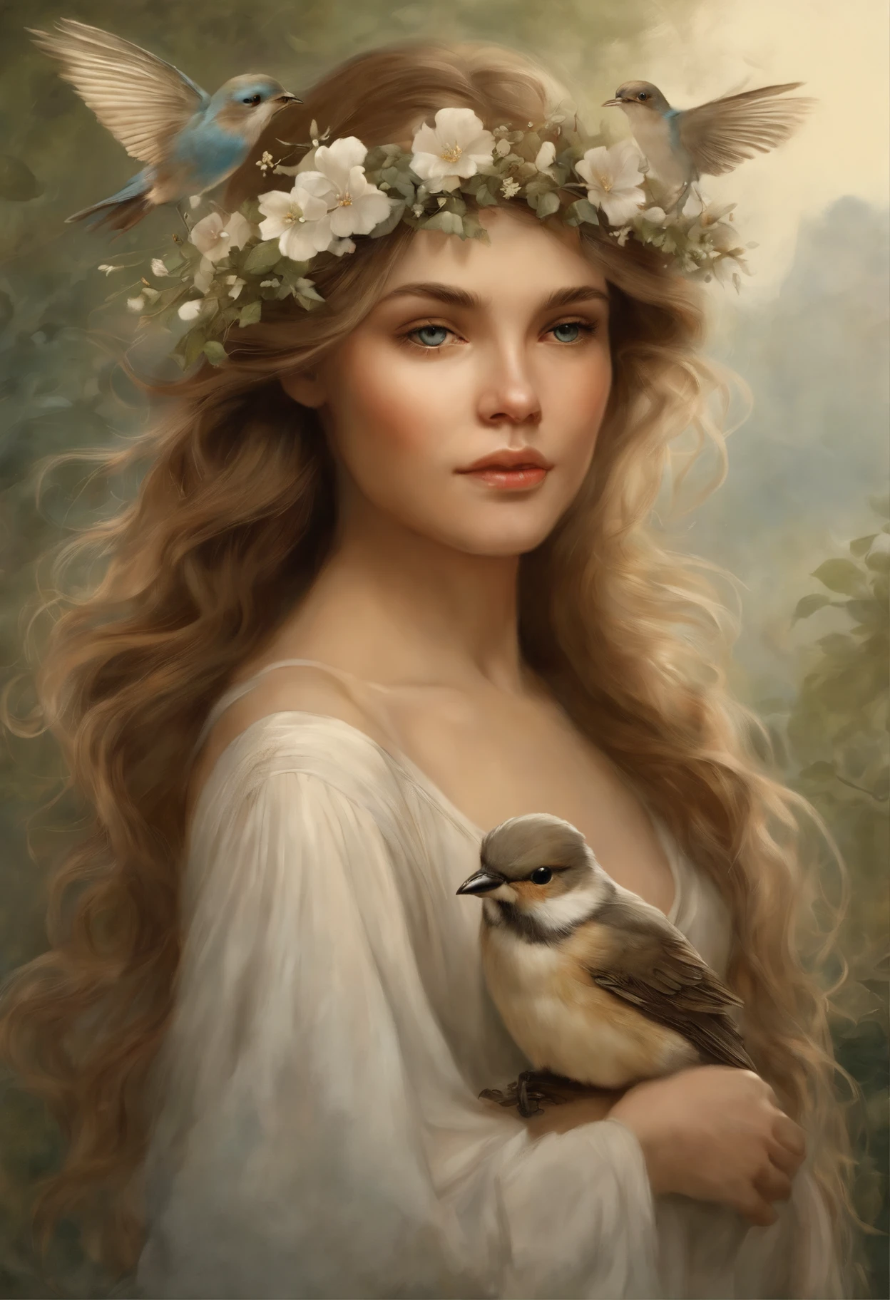 真实感, a painting, Fantastic tale, Christmas style, John Tolkien style, Small painting by Jean-Baptiste Monge, A girl (anatomically correct physique) , Arafed image of a blue-eyed light brown haired girl with a crown and flowers, loose, slightly wavy light brown hair, birds field swallows (anatomically correct physique) on the shoulders, beautiful fantasy art portrait, beautiful fantasy portrait, fantasy art portrait, Detailed matte fantasy portrait, fantasy portrait art, fantasy portrait, fantasy concept art portrait, beautiful fantasy maiden, portrait of an elf queen, beautiful fantasy art, beautiful character painting, ((The Empress's Beautiful Imagination, Beautiful maiden with birds, Swallows (anatomically correct physique) , a beautiful fantasy empress, Jean-Baptiste Monge, anthropomorphic --ar 2:3 --testp -optimistic; straight hair
