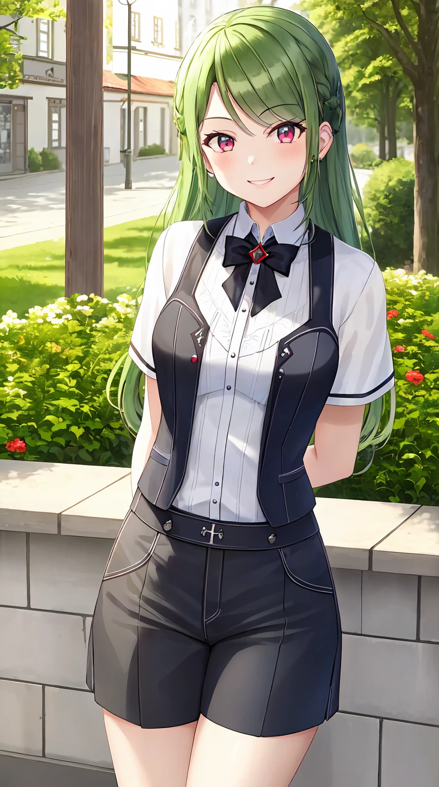 Meisterwerk, Atemberaubend realistisch, fotorealistisch, best quality, Sharpness,1 girl ,arms behind back,stehend in einem modernen Wohnzimmer,cute smile, green hair,Red eyes,Lange Haare,shirt,skinny jeans