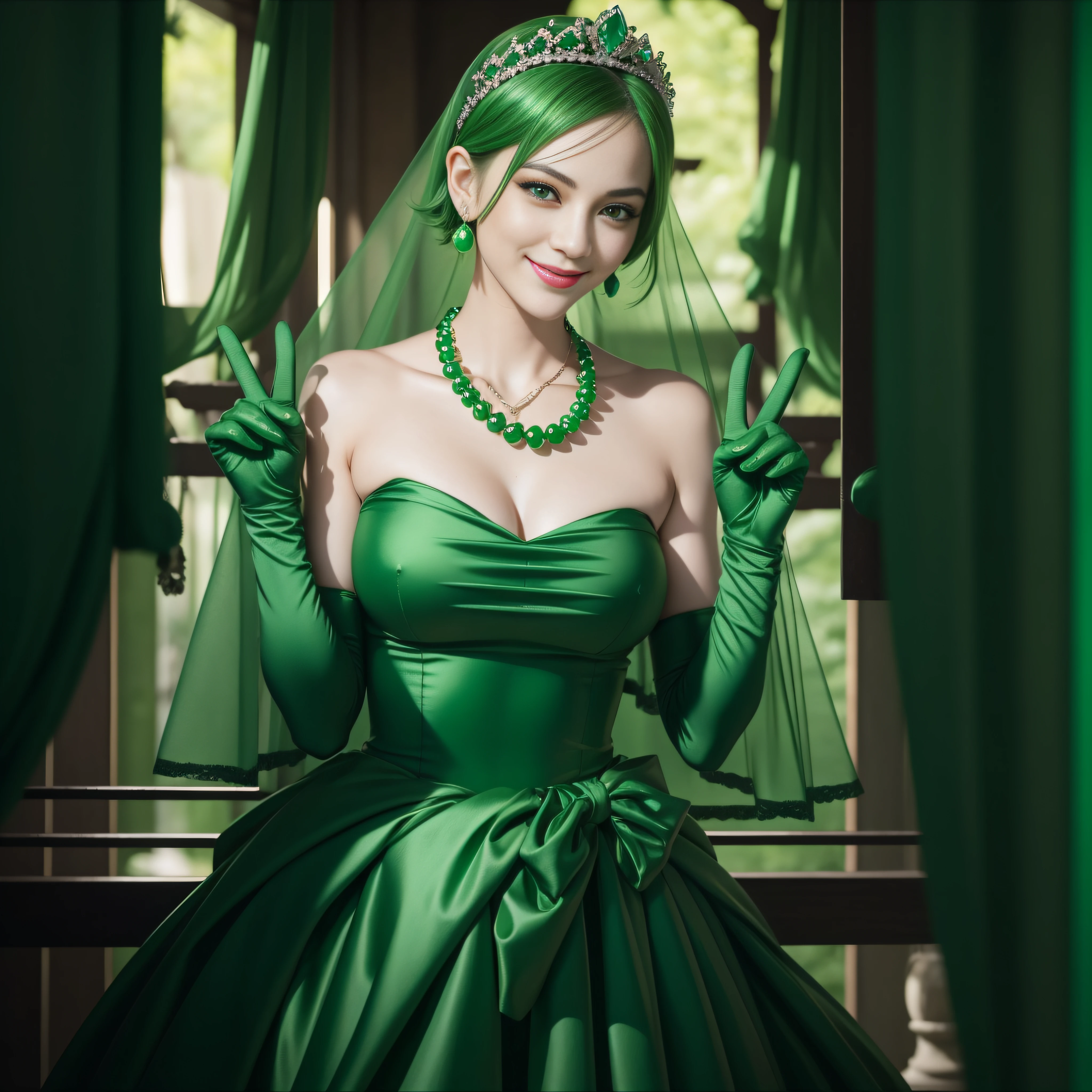 emerald tiara, Green Pearl Necklace, Boyish very short green hair, lipsticks, Japan woman smiling, very short short hair, big breasts beautiful, Green eyes, Long green gloves made of satin material, Green eyes, Emerald Earrings, green vale, v sign