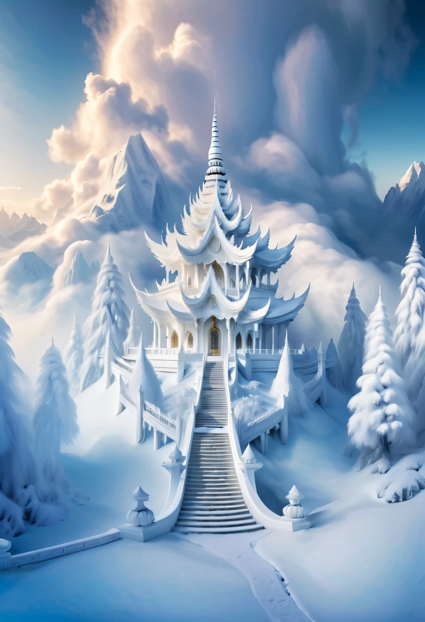 Dreamy Cloud and Mist Wonderland，winter landscape，Divine light illuminates the snow-white temple，like a dream，Surreal wonderland，Overlapping clouds and fog