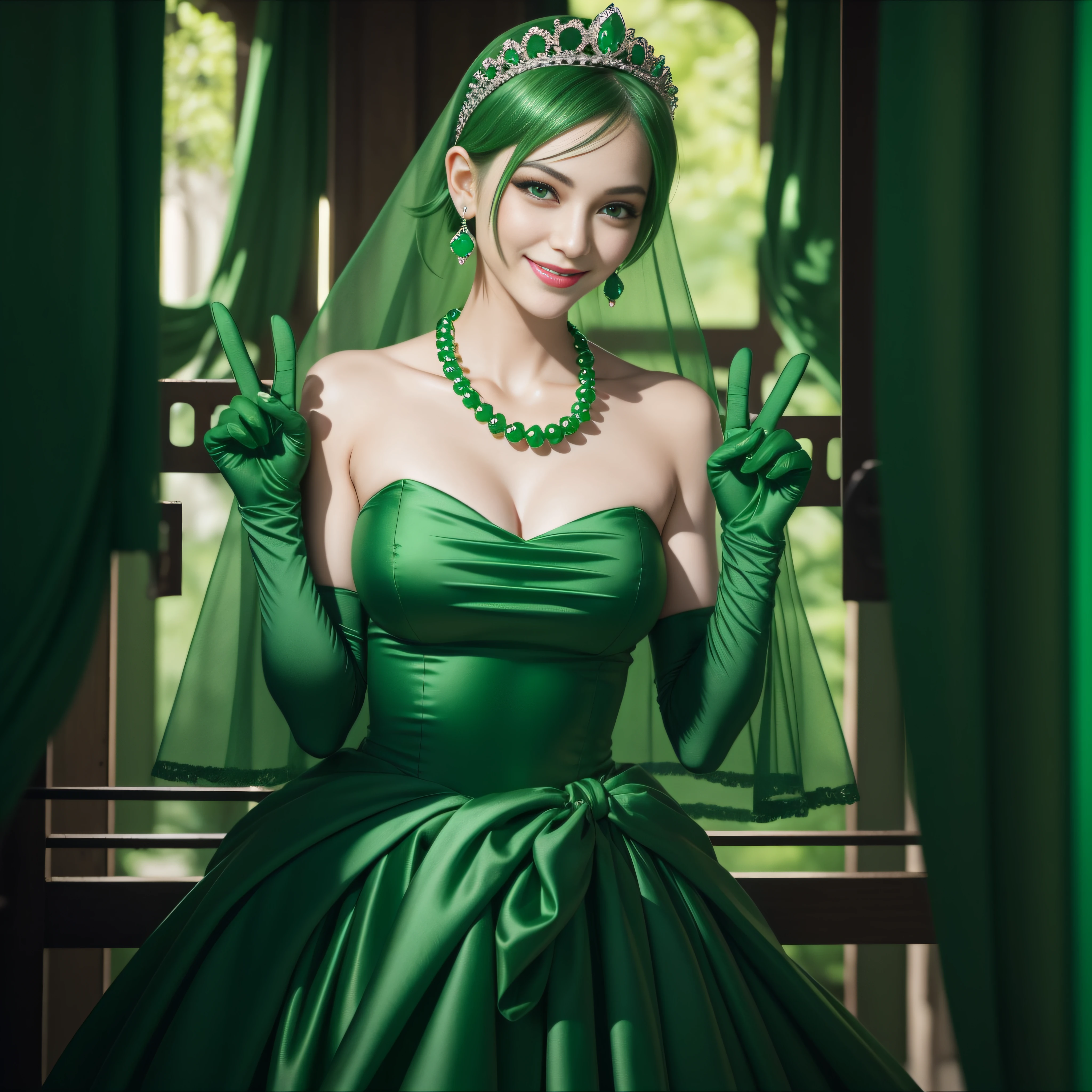 emerald tiara, Green Pearl Necklace, Boyish very short green hair, lipsticks, Japan woman smiling, very short short hair, big breasts beautiful, Green eyes, Long green gloves made of satin material, Green eyes, Emerald Earrings, green vale, v sign