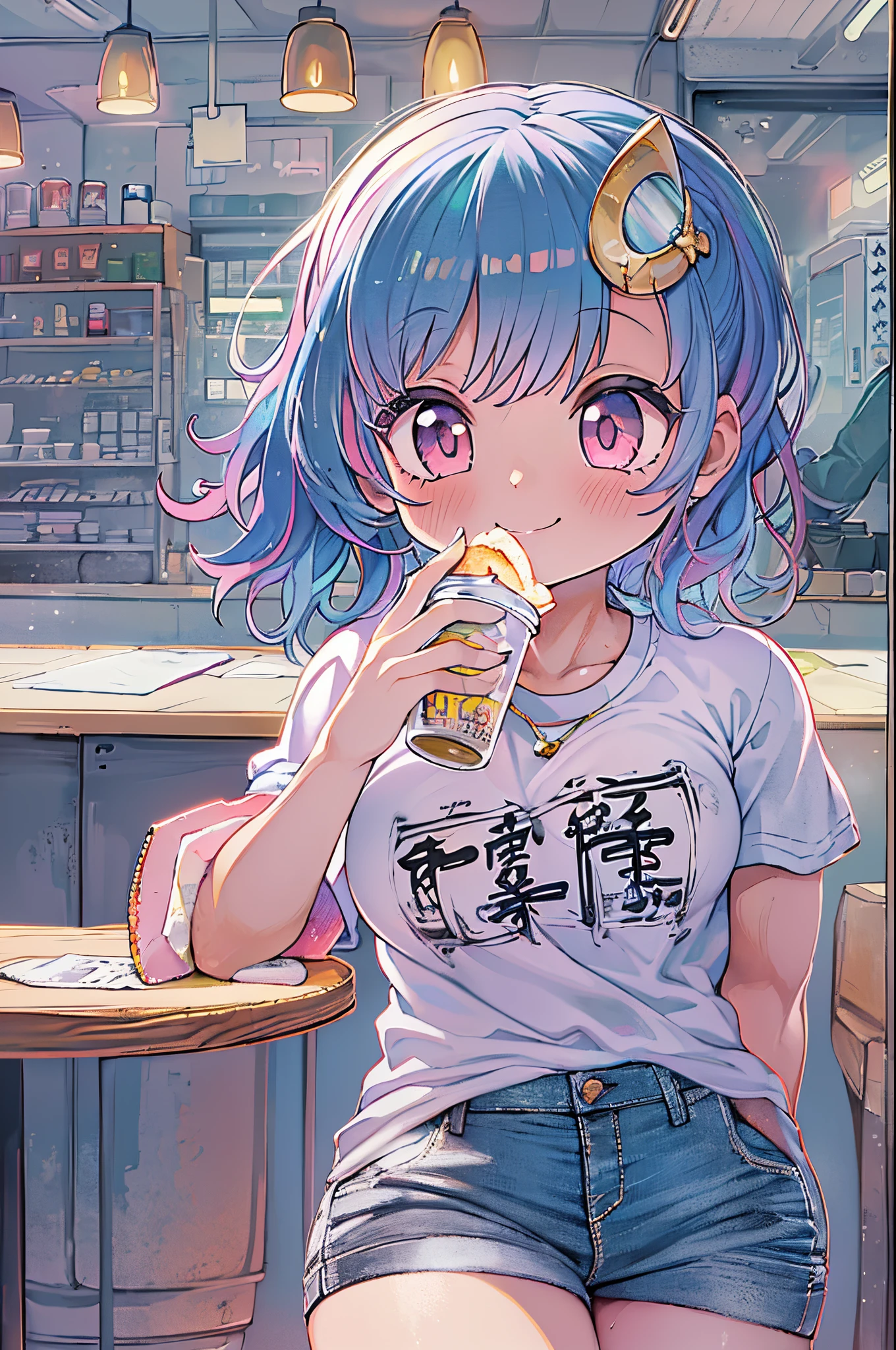 Anipoma 1,(masutepiece, Best Illustration, Best Manga), Solo, 1girl in, violet eyes, (Shiny skin, Soft hair), (Have a milkshake), freckle, (bright pink two-tone hair:1.3), (Wearing a Led Zeplin T-shirt, Denim jeans), (extreme light and shadows, Volumetric lighting, Rim lighting), (Daylight:.5), (Rainbow Light, Light leak), (Seductive, Smirk), (Solo), Manga Dusk 1, Manwha 1