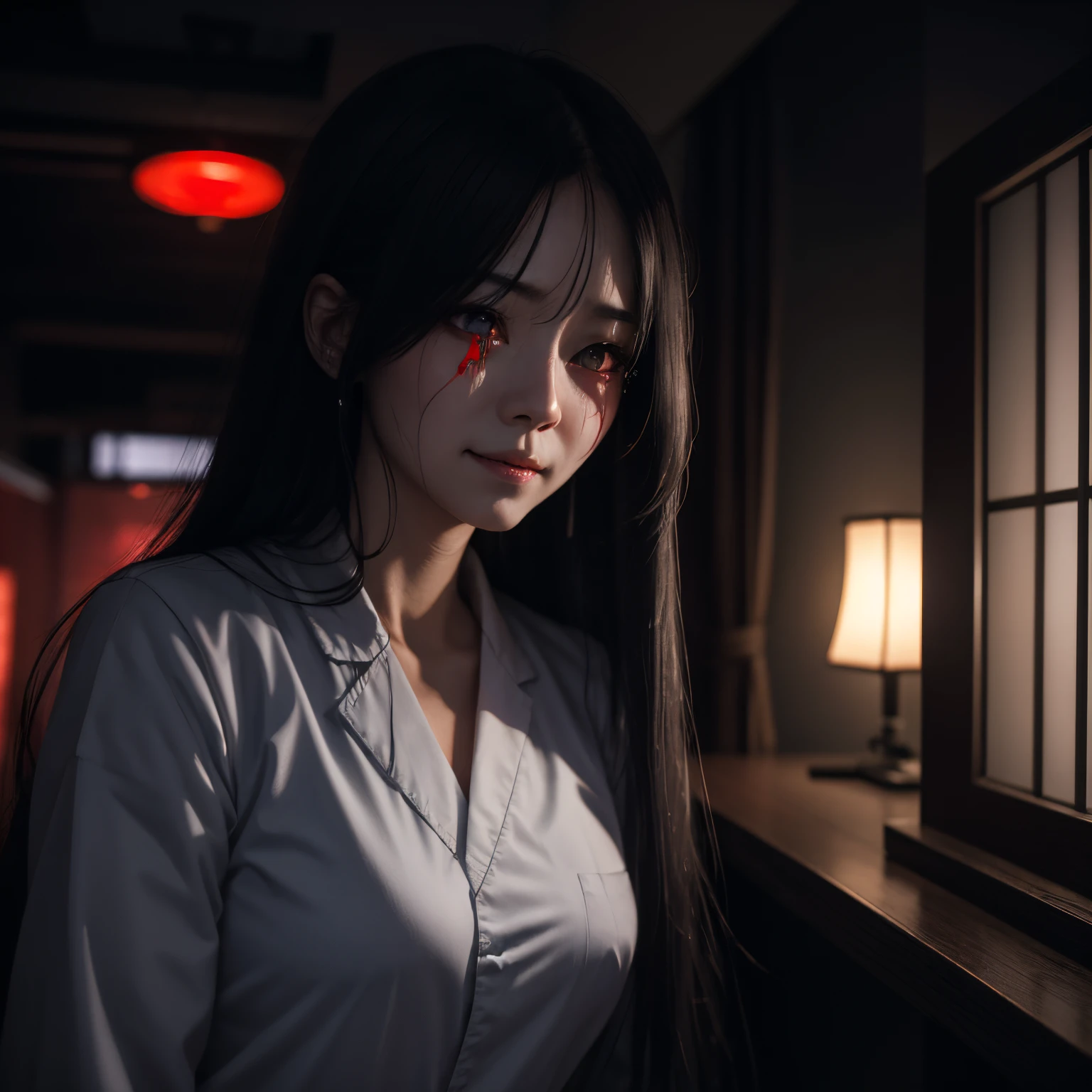 Female, Ghost, Japanese, Sad, Crying, Smile, Scary, Red Eyes, Long Hair, Neutral Breasts, Hospital, Nurse, Hospital, Sexy, 8k, Night, High Resolution, Raw, Paranormal, Cute, Beautiful