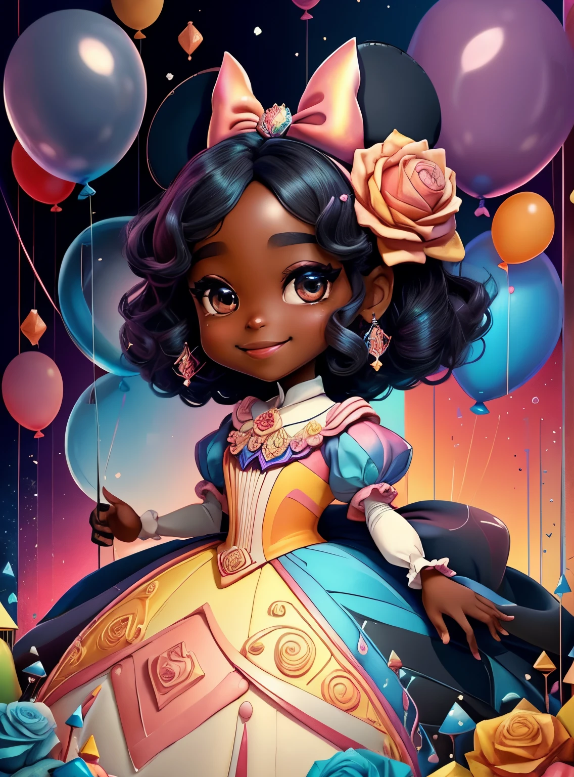 ((cute black princess smiling, happy celebration, ballons, beautiful cake )) - Criador: Walt Disney2023) ), ,, ( Walt Disney acolchoamento ,multidimensional geometric wall PORTRAIT, arte, Chibi,
Yang08k, lindo, Colouring,Rose
Primary works, qualidade superior, melhor qualidade, Arte Oficial, Beautiful and Aesthetic,)) ), ,,  Walt Disney acolchoamento ,multidimensional geometric wall PORTRAIT, arte, Chibi,
Yang08k, lindo, (Colouring, rosa), amarelo ,azul ,vermelho e branco)
Primary works, qualidade superior, melhor qualidade, Arte Oficial, Beautiful and Aesthetic,