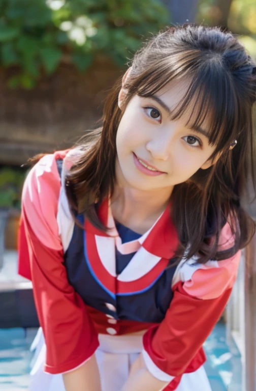 Beautiful 12 year old Japanese female), cute face, (deeply carved face:0.7), (freckles:0.6), shy, ponytail, (smile), (sparkling eyes), thin, thin, Guts pose, Be happy, soft light, healthy white skin, sailor suit