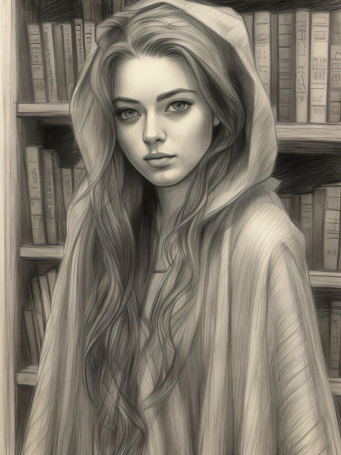 drawing of a SEXY woman, Full Body, DRAPED IN a Sexy CLOAK, FULL Body, sexy , Inside Enchanted Magical Library, Its shelves are adorned with MULTI COLORED books, realistic sketch, hyperrealistic sketch, detailed pencil sketch, pencil sketch, realistic digital drawing, detailed sketch drawing, highly detailed portrait, detailed 4 k drawing, pencil draw, highly detailed sketch, realistic drawing, extremely detailed portrait, detailed but rough, pencil drawing illustration, realism drawing, detailed sketch, sketch art,((high quality, masterpiece:1.4)), 1girl, ((Full Body)), portrait sketch, messy drawing, messy charcoal spots, unfinished sketch, sketchbook charcoal style drawing of a woman, sketchbook drawing, sketchbook, beautiful hair, beautiful face, symmetrical face, symmetrical eyes, realistic charcoal lines, imperfect drawing, charcoal crumbs, charcoal lines, imperfections, green eyed, woman wearing an enigmatic cloak, realistic