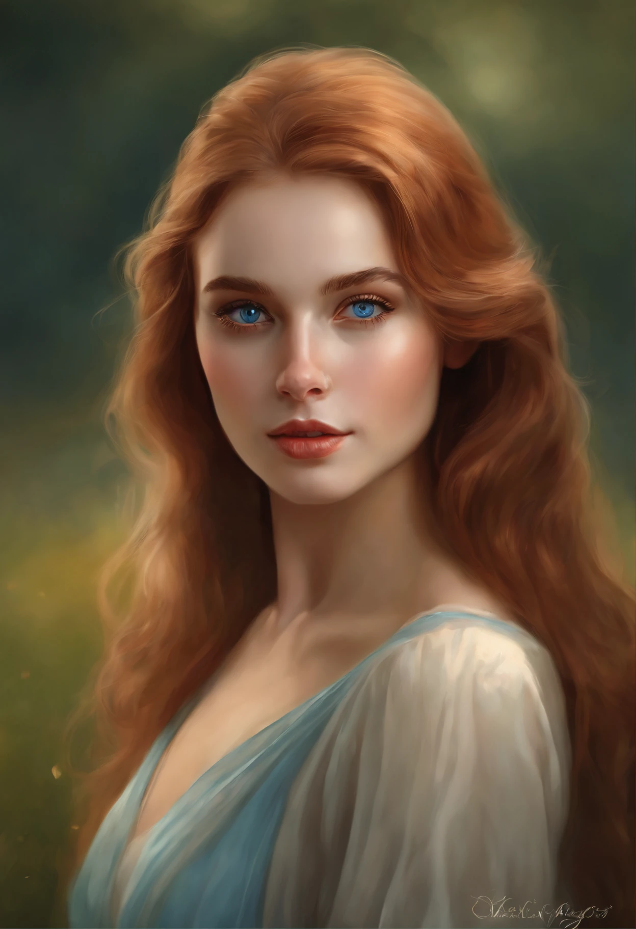 Detailed description of the portrait of a girl with blue eyes, large eyes with heavy lids, long duck nose,
Thin lips shape "classic", Mole on the right cheek on the cheekbone, shoulder length light red hair high forehead, and a blue dress in the field, gorgeous digital painting, beautiful digital painting, beautiful fantasy art portrait, beautiful digital artwork, Stunning digital painting, beautiful fantasy portrait, fantasy art portrait, beautiful character painting, in the art style of bowater, beautiful digital illustration, fantasy portrait art, stunning digital illustration, beautiful digital art, realistic cute girl painting