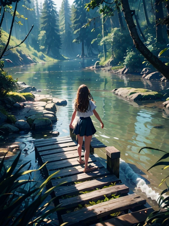girl standing on the small dock on the river shore waiting for someone, forest in the background, strong wind, wavey hair, flowing water, movement, sand beach, flowers