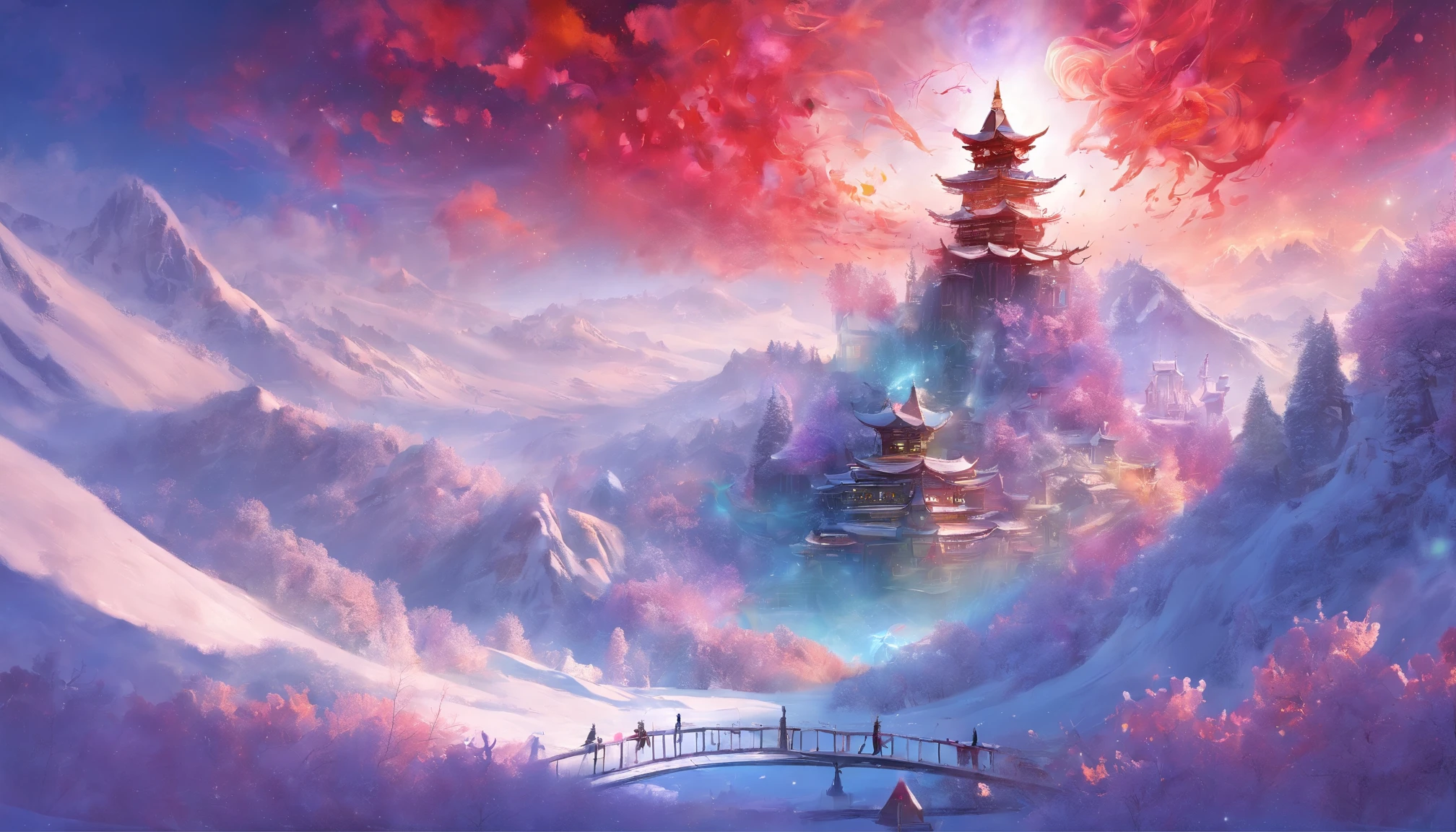 Ultra-wide angle of view,mid-air,china idol,scenography, Fantasy scene of snow world,Yuki,((Oyuki)),(((Blizzarding))),((snow cover)),Colorful,Red Muti Wonderland,thin fog,The clouds are very elegant,floating islands,super-fine,tmasterpiece,8k,ultra-clear,Perfect image quality,high qulity
