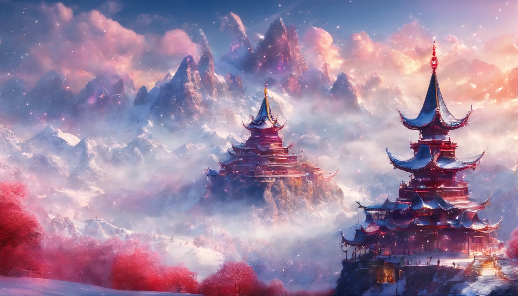 Ultra-wide angle of view,mid-air,china idol,scenography, Fantasy scene of snow world,Yuki,((Oyuki)),(((Blizzarding))),((snow cover)),Colorful,Red Muti Wonderland,thin fog,The clouds are very elegant,floating islands,super-fine,tmasterpiece,8k,ultra-clear,Perfect image quality,high qulity
