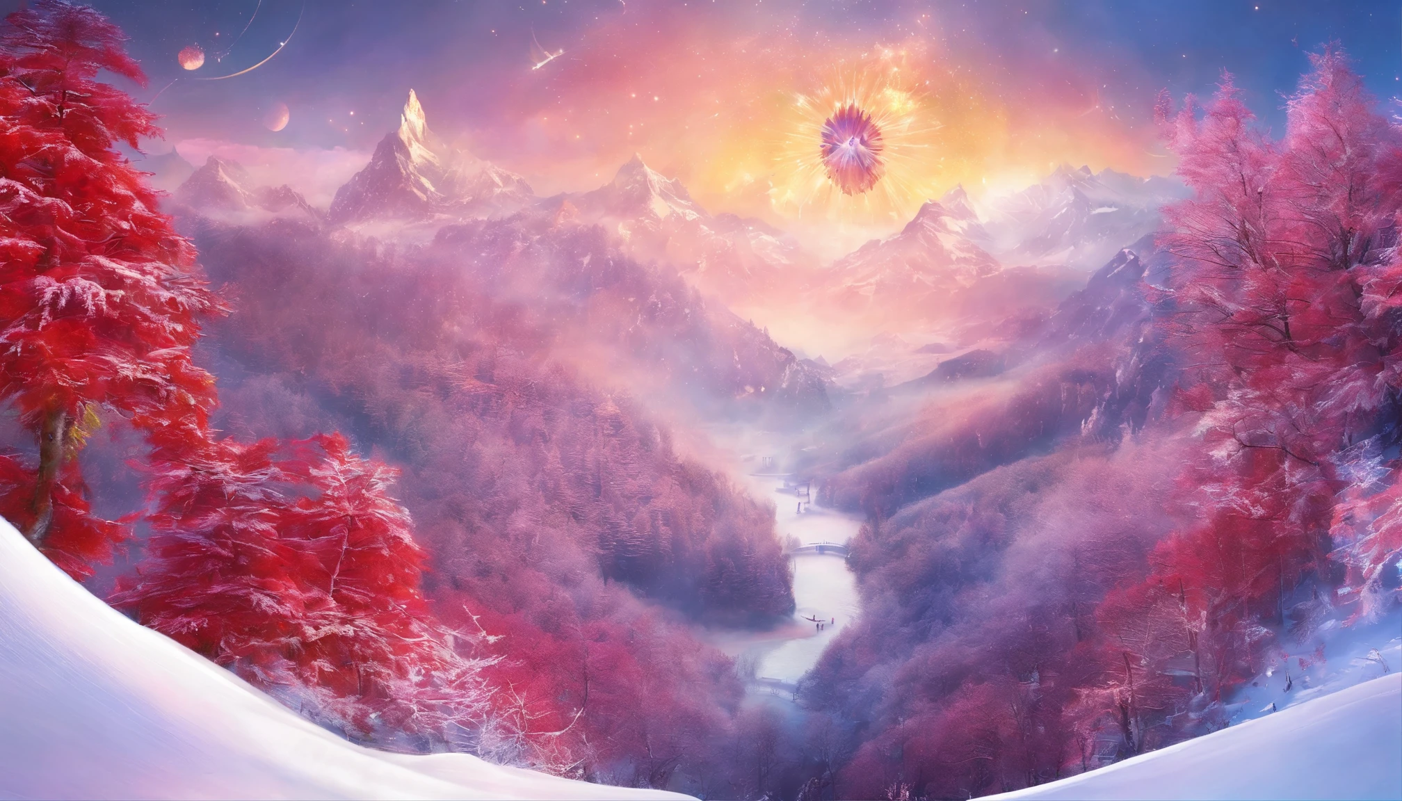 Ultra-wide angle of view,mid-air,china idol,scenography, Fantasy scene of snow world,Yuki,((Oyuki)),(((Blizzarding))),((snow cover)),Colorful,Red Muti Wonderland,thin fog,The clouds are very elegant,floating islands,super-fine,tmasterpiece,8k,ultra-clear,Perfect image quality,high qulity