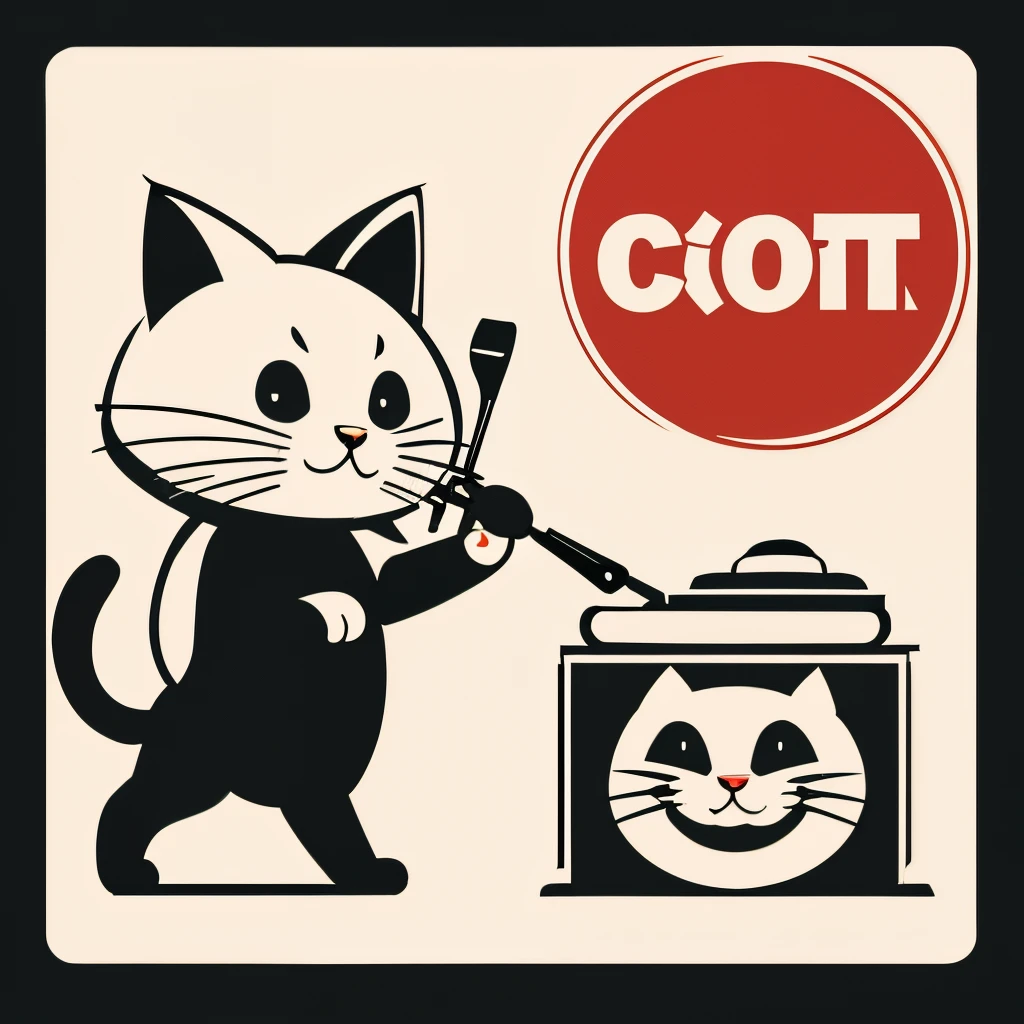 Cat standing on two legs and cooking、streetart、Logo Design,vector,Friendly design、White background、、cartoon、Retro、Vintage