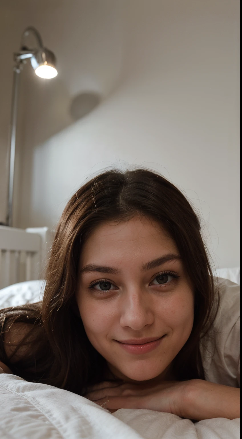 photography of a 20yo woman, perfect face, fully dressed, use the same face, masterpiece, same face, selfie style in bed, selfie, bed, very close, smiling, Lights on, laying in bed, head on pillow, late night setting