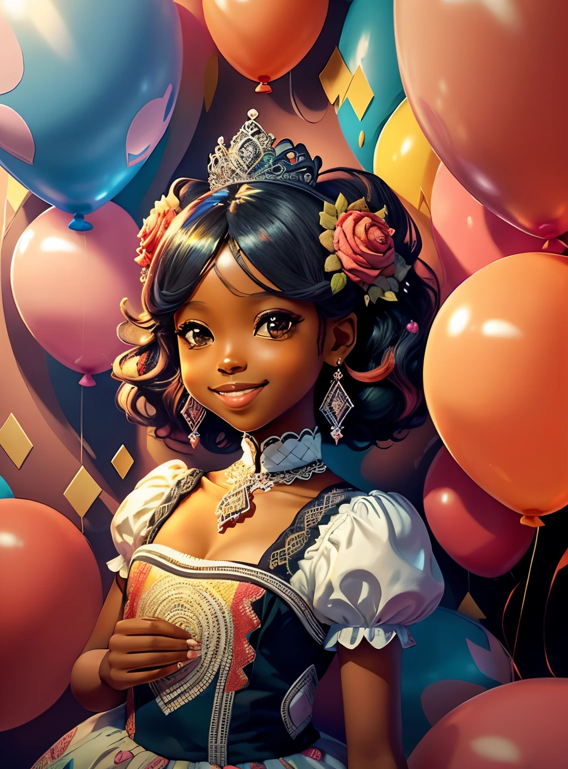 ((|) (cute black princess smiling, happy celebration, ballons, beautiful cake ) stylized identical to 1940 |)), acolchoamento ,multidimensional geometric wall PORTRAIT, arte, Chibi,
Yang016K, lindo,(( Predominant red coloration ,rosa e branco))
Primary works, qualidade superior, melhor qualidade, Arte Oficial, Lindo e Estetaduardo Kobra acolchoamento ,multidimensional geometric wall PORTRAIT, arte, Chibo,detalhes