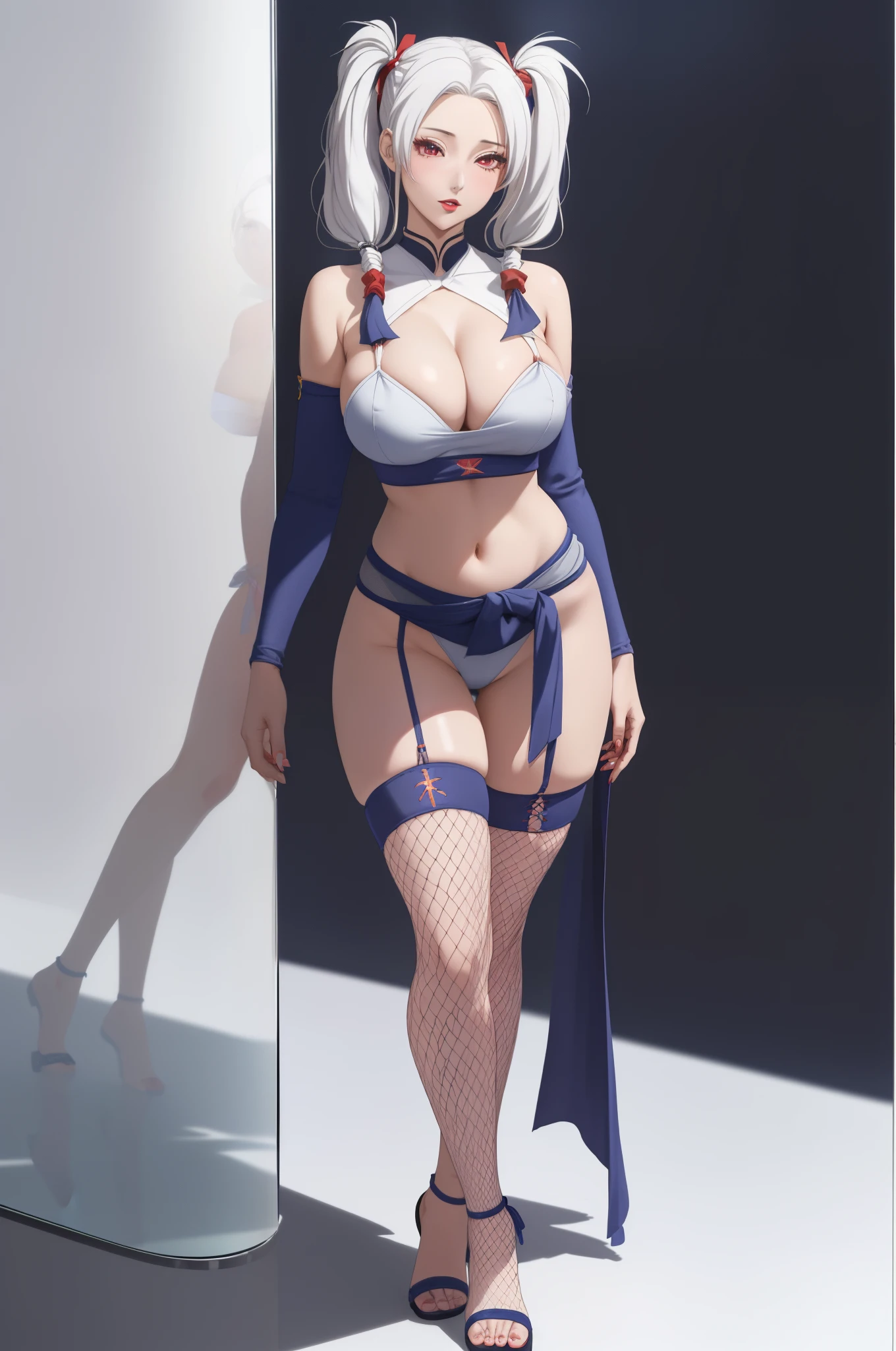(masterpiece, best quality, ultra-detailed, ultra-HD, photorealistic, cinematic), (alluring anime girl, Temari of Naruto Shippuden anime), perfect body, perfect face, perfect hands, delicate face, (large cleavage:1.2), (round ass), (long round legs), (wide shot, full body view:1.5), (white hair in 4 consecutive pigtails:1.5), (single navy blue-colored and off-the-shoulders garment that extended to halfway down her thighs, with a scarlet sash tied around her waist), (incorporating fishnet worn over her shoulders and legs, specifically on her right calf and her left thigh), (sexy pose, side vieradient background:1.5), (red eyes, detailed pupils, blushing, slightly parted lips, red lips), arms wide open, (leaning against a glass:1.4), barefooted
