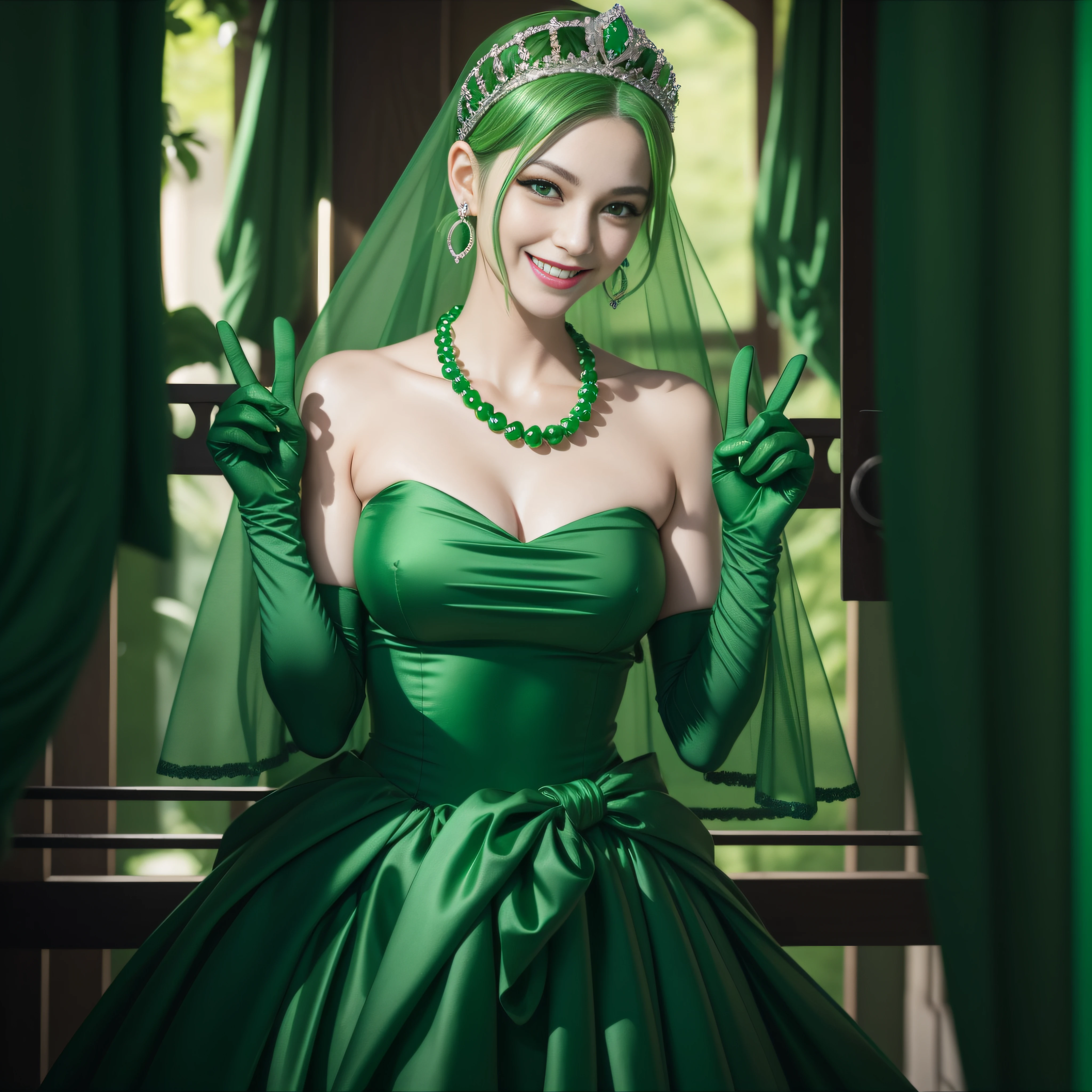 emerald tiara, Green Pearl Necklace, Boyish very short green hair, lipsticks, Japan woman smiling, very short short hair, big breasts beautiful, Green eyes, Long green gloves made of satin material, Green eyes, v sign,V-sign with both hands, Emerald Earrings, Green hair