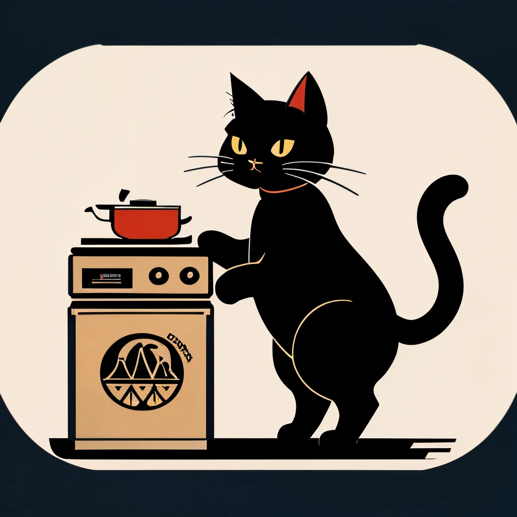 Cat standing on two legs and cooking、streetart、Logo Design,vector,Friendly design、White background、、cartoon、Retro、Vintage