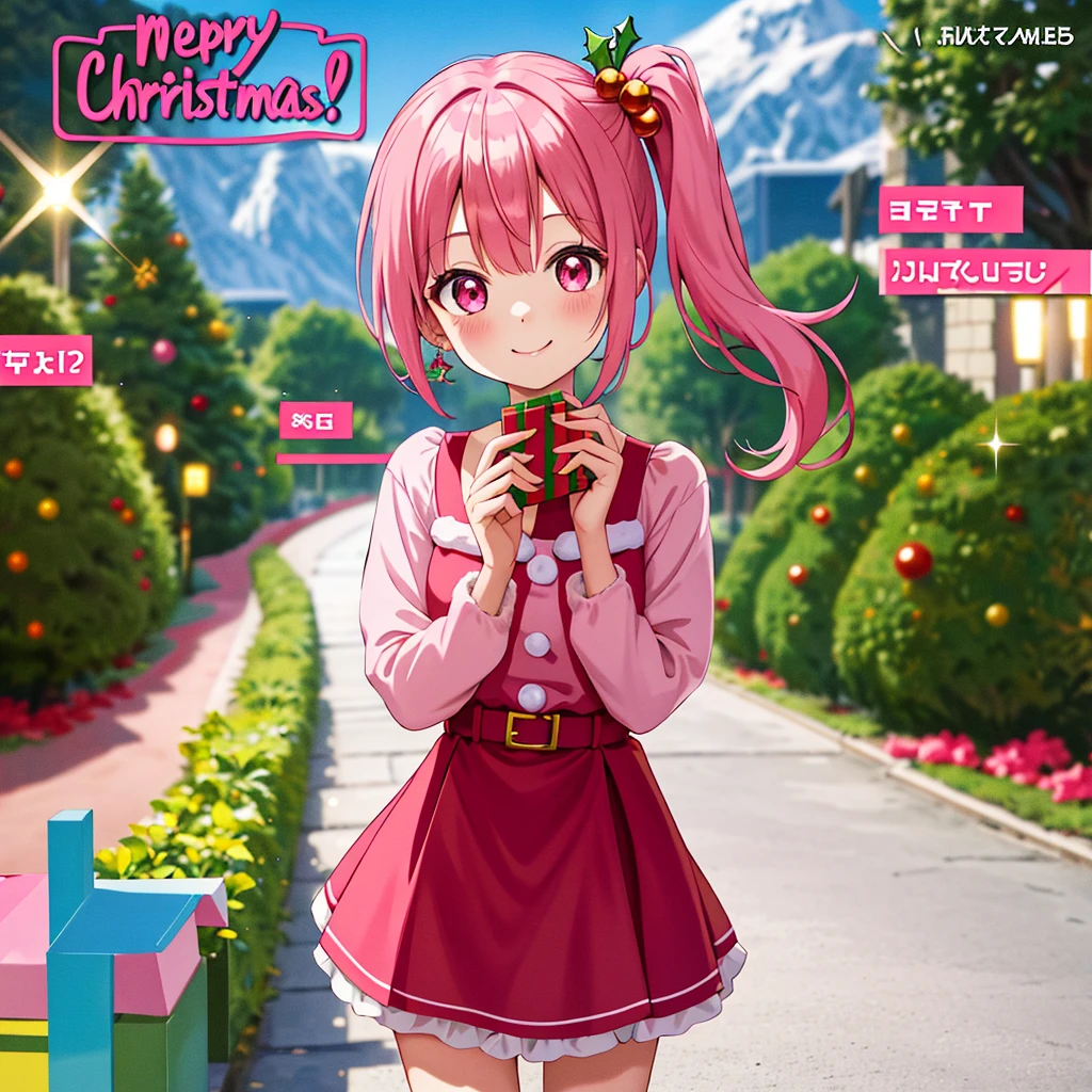 ChristmasElf,girl,pink hair,side ponytail,cute pink eyes,red ouffit,looking at wiewer,holding gift,cute smile, masterpiece,best quality,vibrant colors,depth of field,sparkles,comics,text to speech,cinematic, illustration,scenery,