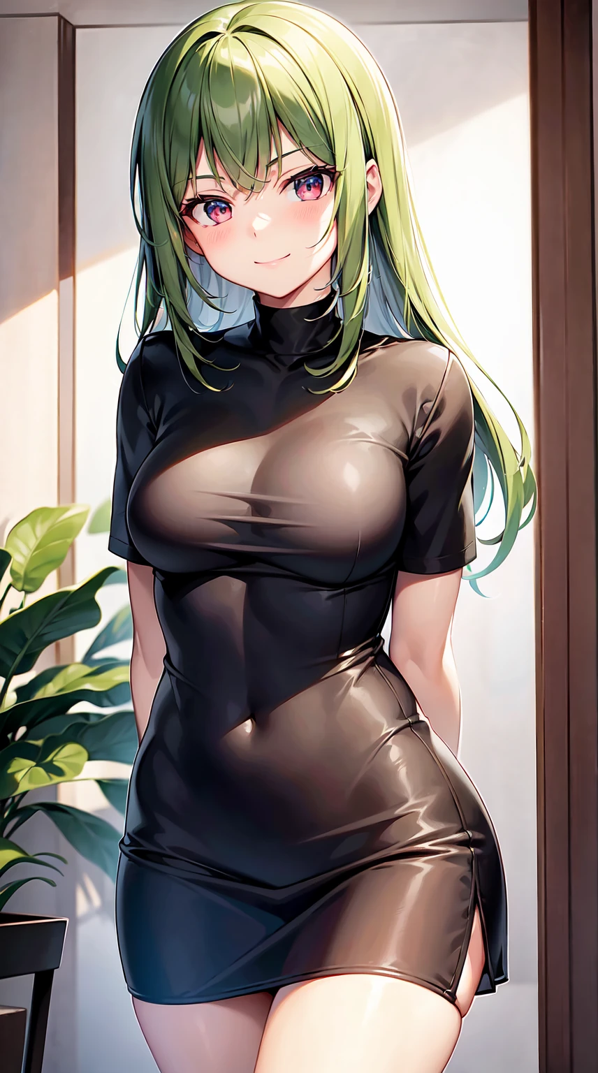 Meisterwerk, Atemberaubend realistisch, fotorealistisch, best quality, Sharpness,1 girl ,arms behind back,stehend in einem modernen Wohnzimmer,cute smile, green hair,Red eyes,Lange Haare,tight shirt,skinny jeans,middle large breasts