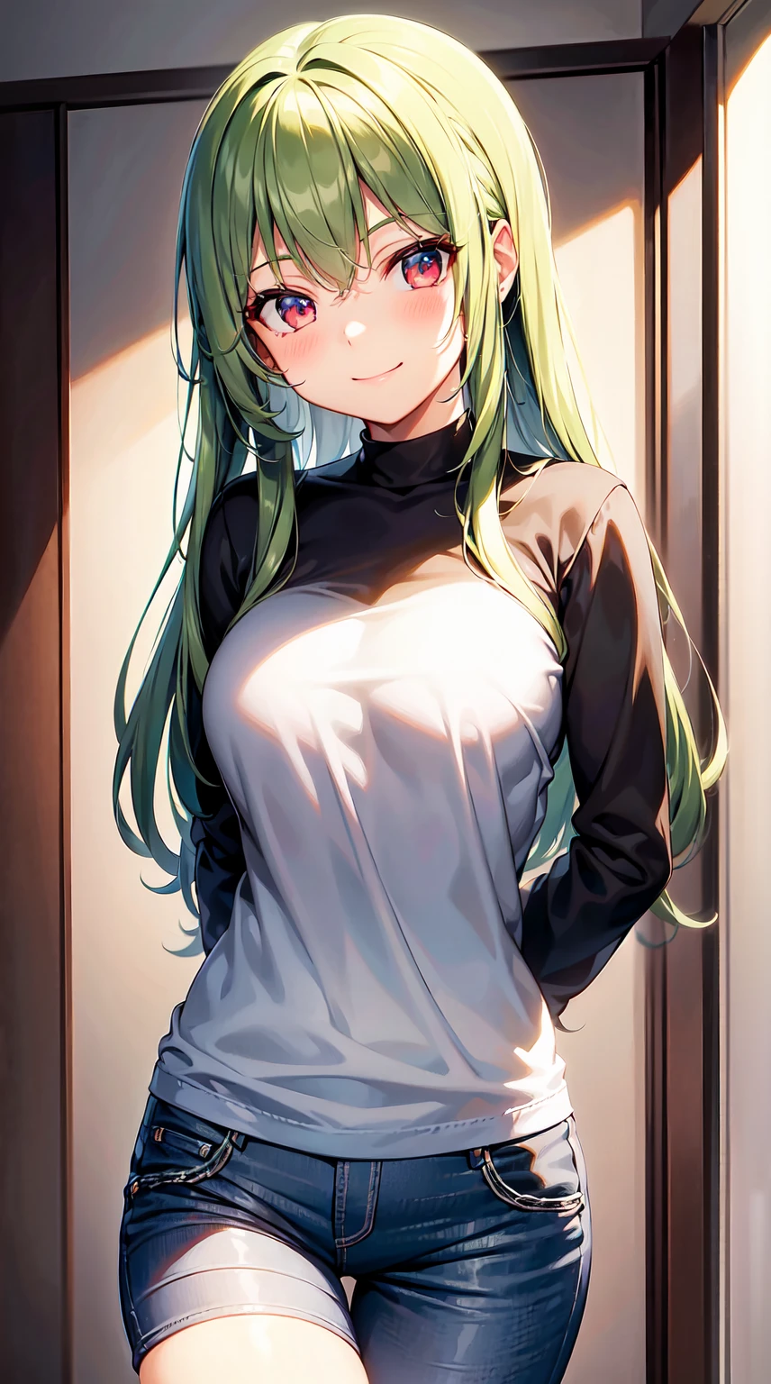 Meisterwerk, Atemberaubend realistisch, fotorealistisch, best quality, Sharpness,1 girl 15 years old,arms behind back,stehend in einem modernen Wohnzimmer,cute smile, green hair,Red eyes,Lange Haare,tight shirt,skinny jeans,middle large breasts