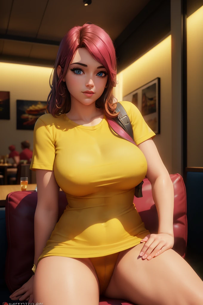 (4k, best quality, masterpiece:1.2), (realistic, photo-realistic:1.37),skye, in a restaurant, sitting, , yellow long shirt, fishnet, blue eyes, thick things, aroused, horny, seductive, brown hair with pink highlights