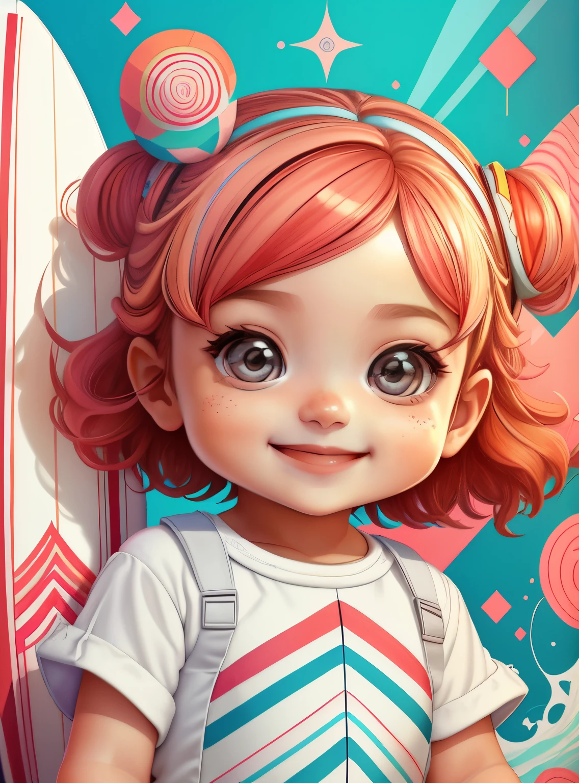 ((|) (cute smiling with a beautiful surf board) stylized identical to 1940 |)), acolchoamento ,multidimensional geometric wall PORTRAIT, arte, Chibi,
Yang016K, lindo,(( Predominant red coloration ,rosa e branco))
Primary works, qualidade superior, melhor qualidade, Arte Oficial, Lindo e Estetaduardo Kobra acolchoamento ,multidimensional geometric wall PORTRAIT, arte, Chibo,detalhes