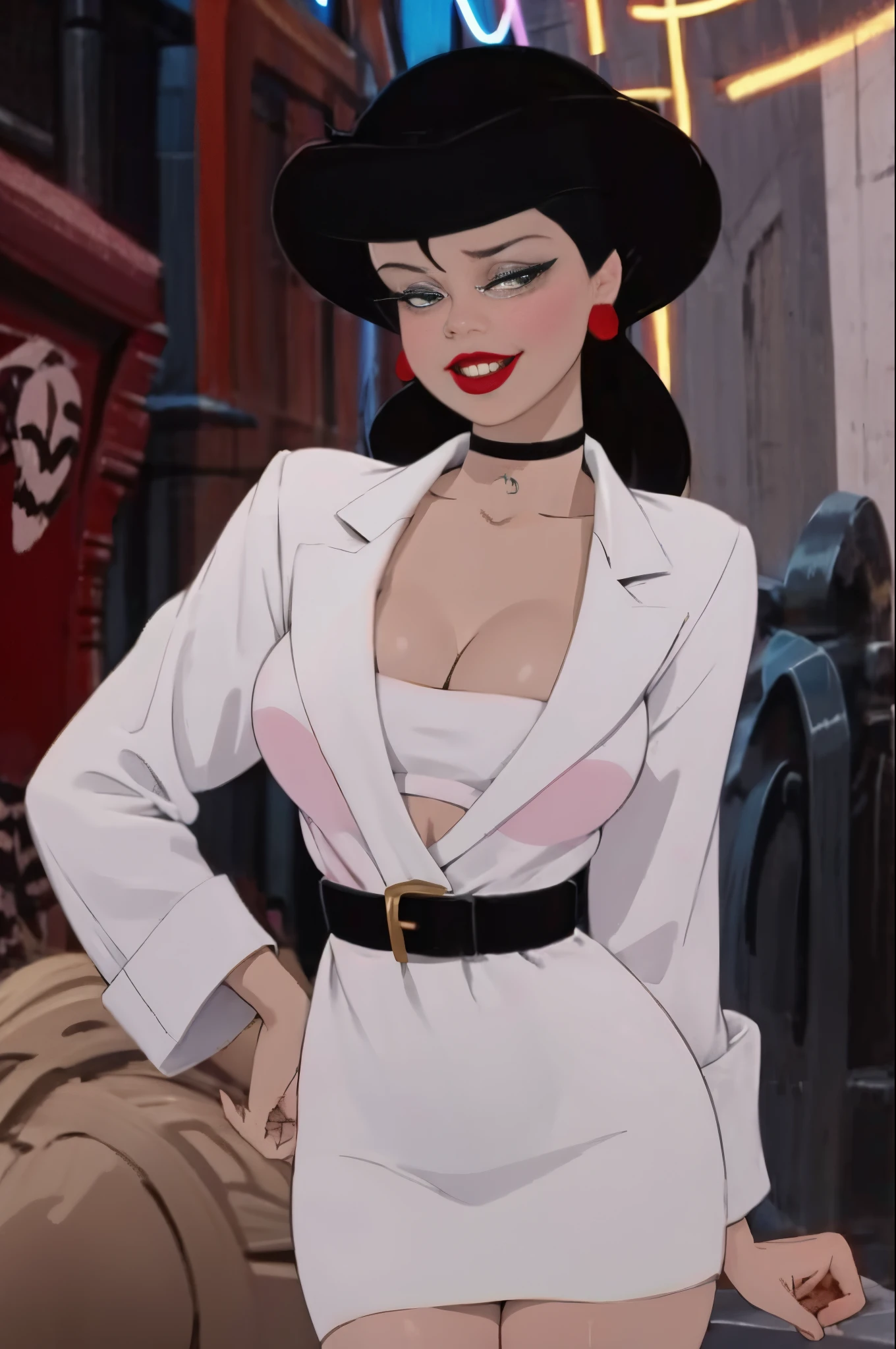 ((Masterpiece, best quality)), edgQuality,((dark hair)),smirk,smug,
((Blonde)) Nadia with sunglasses and a choker, wearing a belted skirt