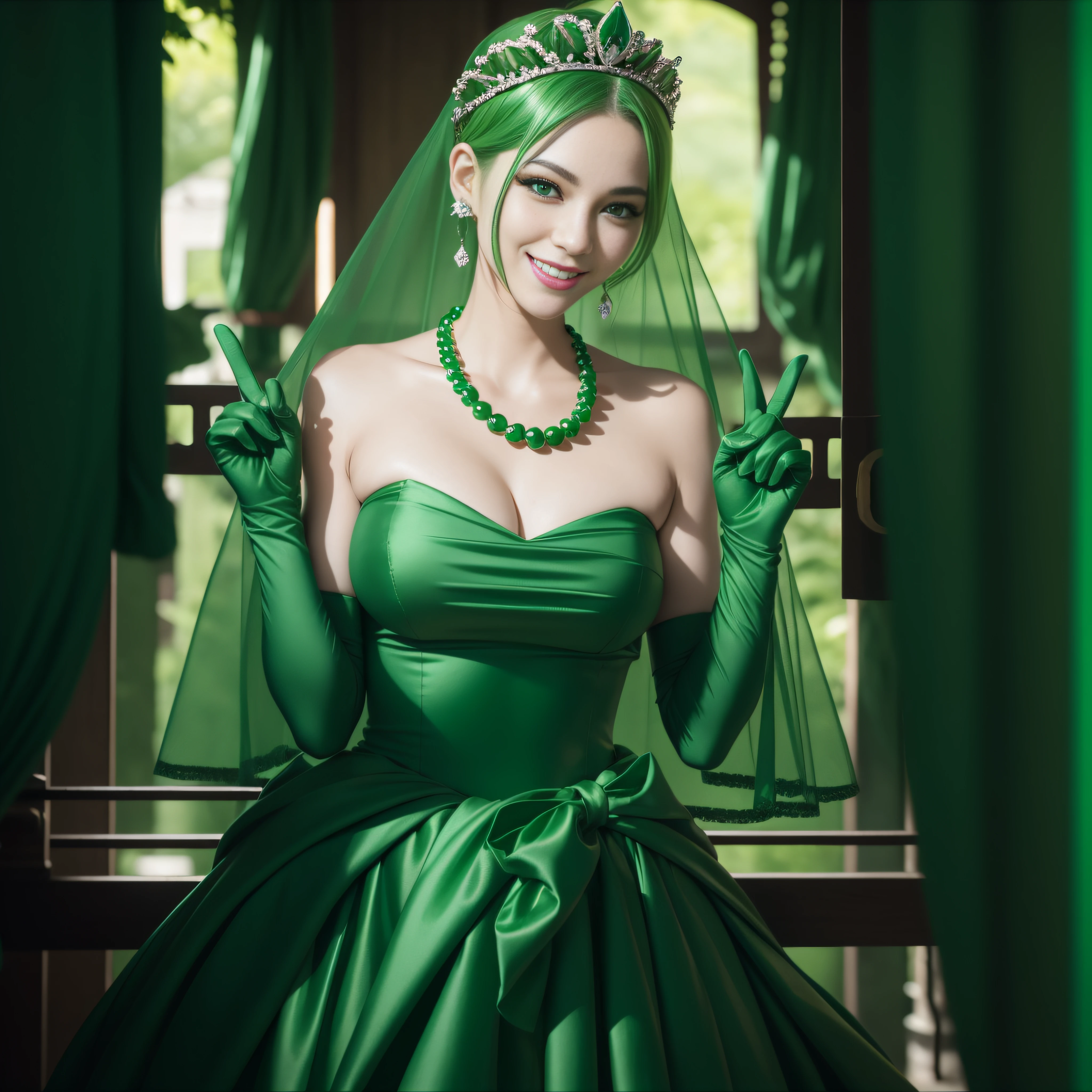 emerald tiara, Green Pearl Necklace, Boyish very short green hair, lipsticks, Japan woman smiling, very short short hair, big breasts beautiful, Green eyes, Long green gloves made of satin material, Green eyes, v sign,V-sign with both hands, Emerald Earrings, Green hair