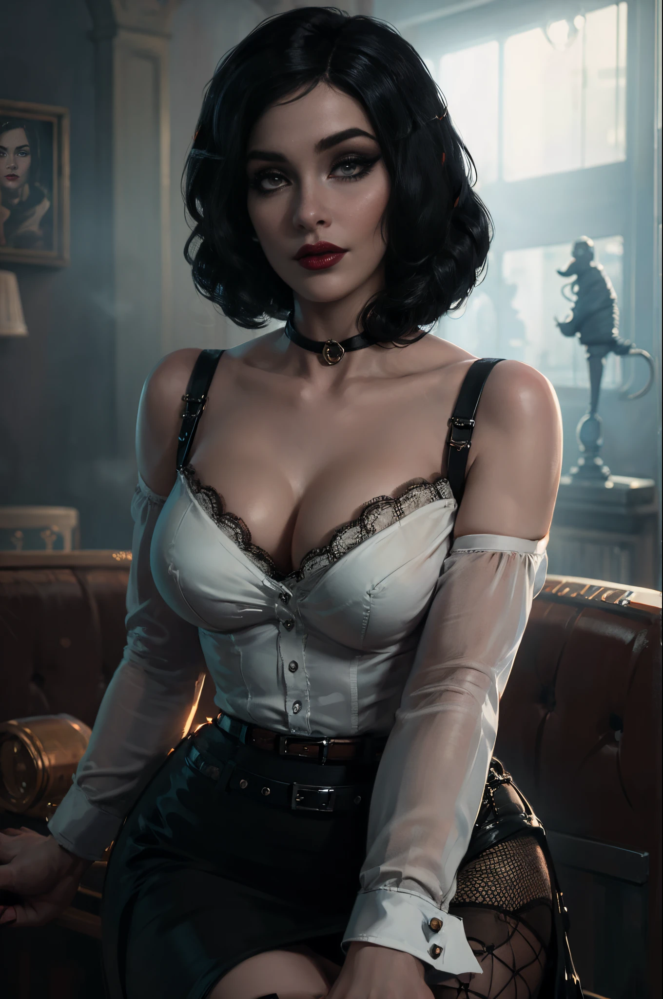 ( there is a woman holding a cigarette in her hand ),( Elizabeth from Burial at Sea ) (realistic:1.5), (fully dressed), ((female in 1950 hair short hair style a white long-sleeved blouse, her bird cameo, a black knee-length tight fitted skirt with a red belt, fishnet stockings and black heels with an ankle strap. Her hairstyle is brushed out pin curls and she wears make-up. )), (long black skirt:1.2) (white shirt:1.2) (masterpiece), (specular lighting:1.3), (hyperrealistic:1.2), (photorealistic face:1.2), (perfect face), (perfect eyeest quality), (there is a woman holding a cigarette in her hand, elizabeth from bioshock Burial at Sea, dramatic smoking pose, epic and classy portrait, beautiful , with smoke, cigarette, bioshock steampunk portrait ), (4k), sharp focus, octane render, best quality, extremely detailed, intricate, fantasy, soft lighting, (curvy:1.3), ( big eyes :1.3), (futanari:1.2), thick eyelashes, long eyelashes, ( slim ), smile, ((1950:1.5)), ( red lips, long eyelashes, mascara, eyeliner, eyeshadow, makeupt:1.3), cosy, looking at viewer, detailed skin , zfuta futanari, (erection:1.4)